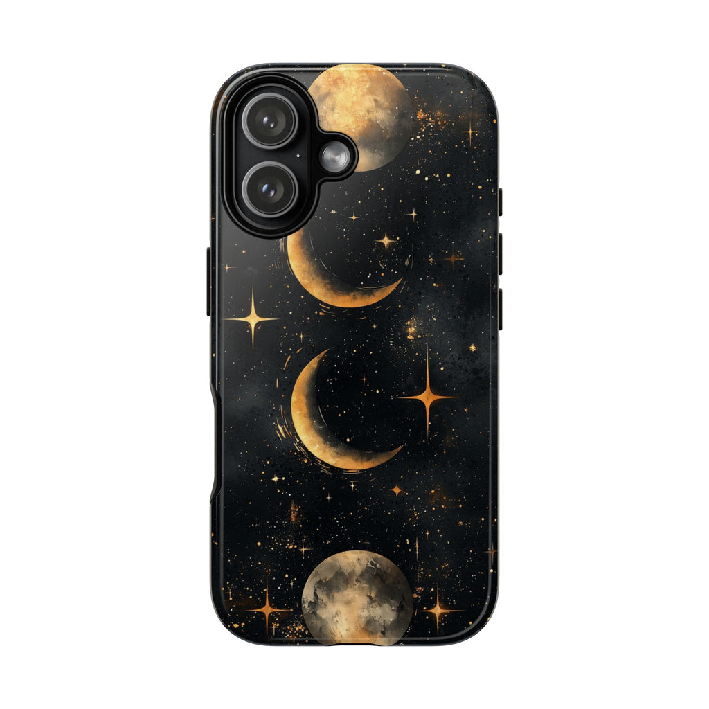 Celestial Moon Phases Tough iPhone Case | Gold Crescent & Full Moon Galaxy Design