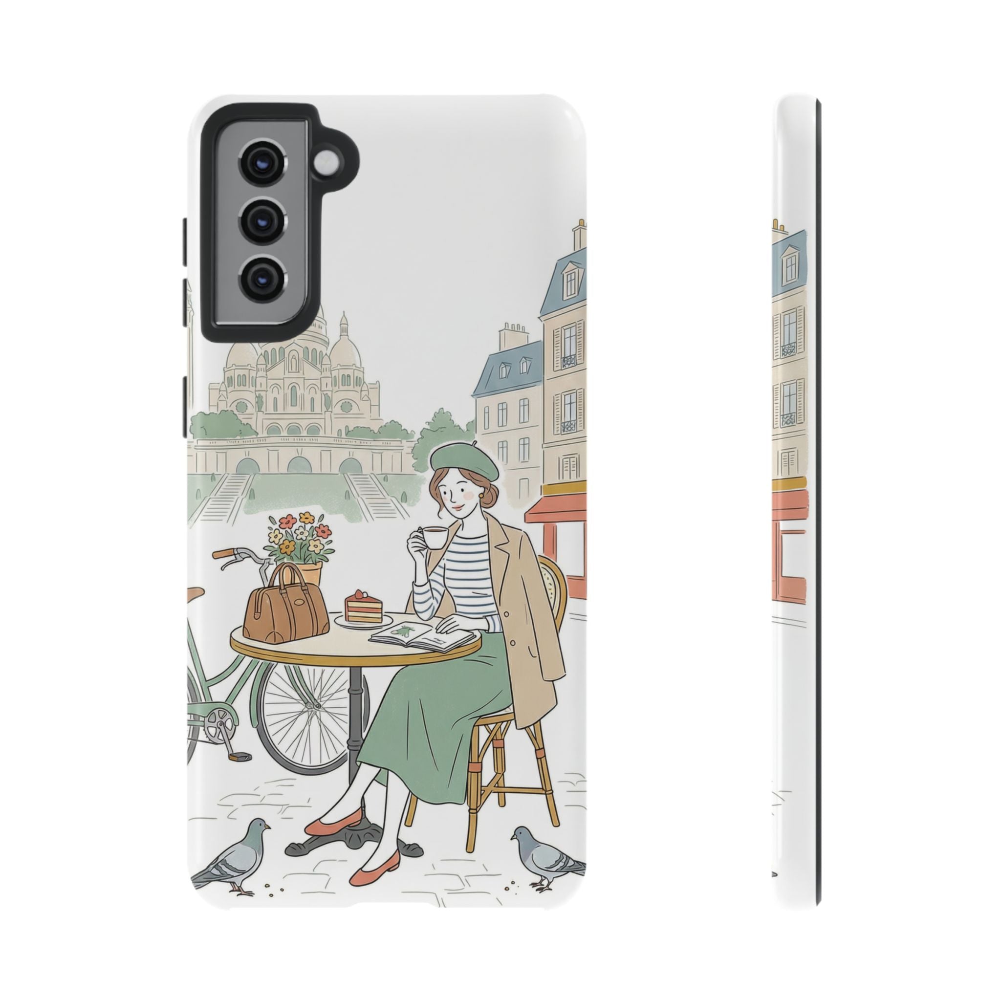 Paris Cafe Illustration Samsung Galaxy Phone Case | Vintage Bicycles & Pigeons Protective Cover