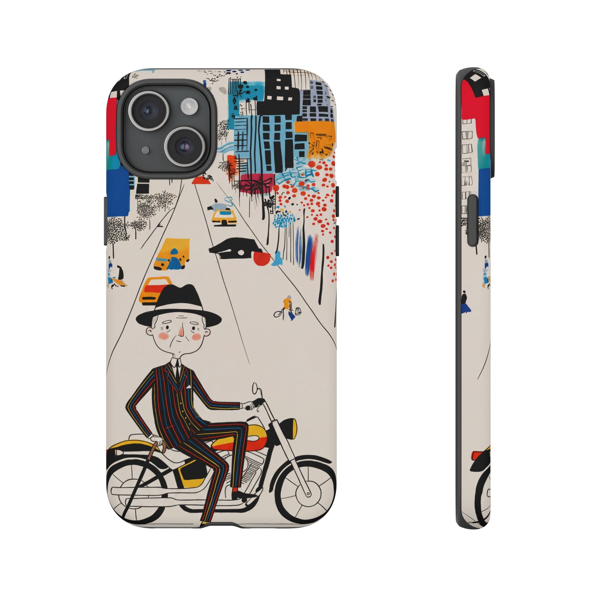 Vintage Grandpa Rider Motorcycle iPhone Case | Illustrated Cityscape