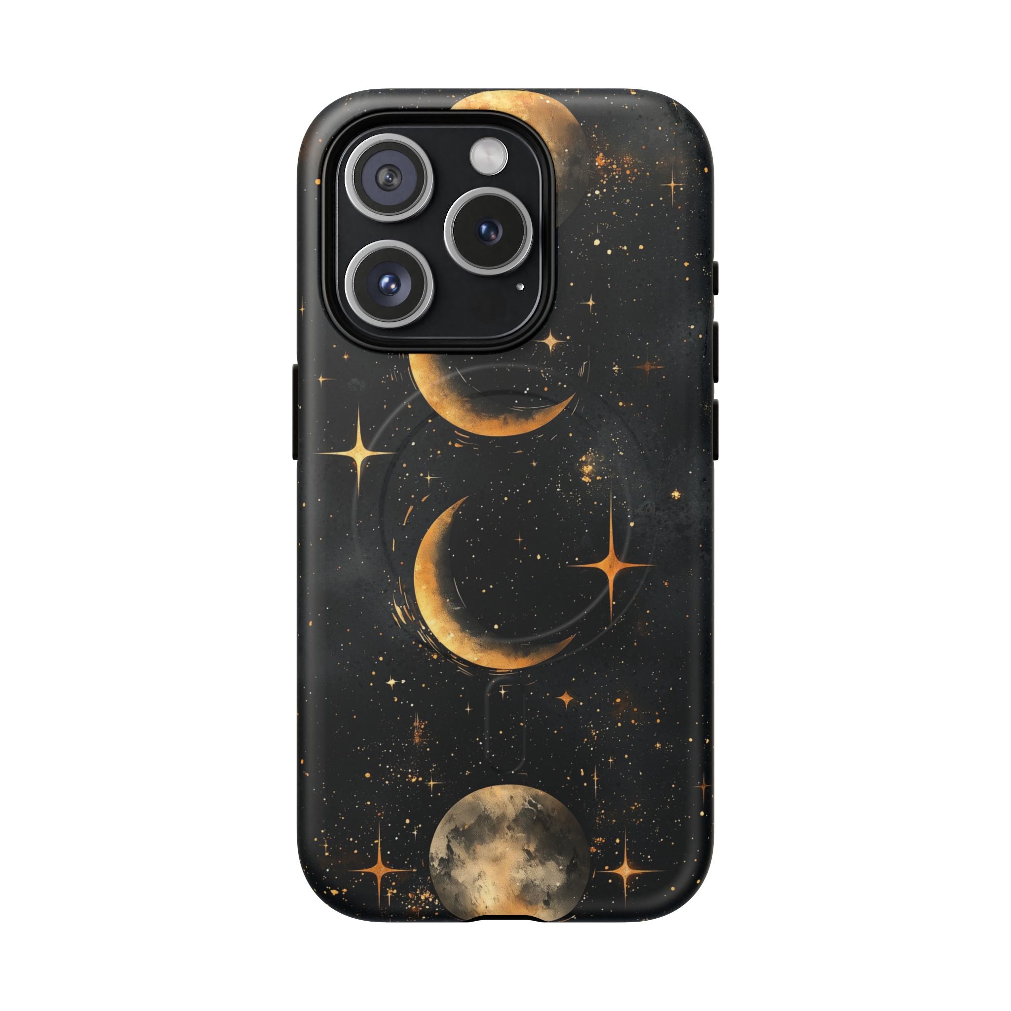 Custodia rigida MagSafe per iPhone con fasi lunari celestiali | Design a forma di galassia con mezzaluna dorata e luna piena