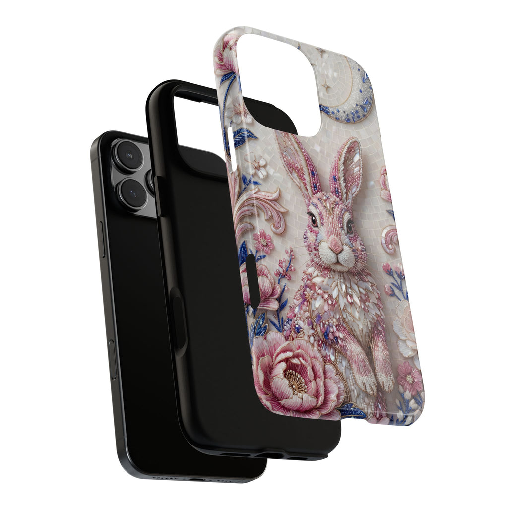 Floral Moon Rabbit Tough iPhone Case | Pink Boho Bunny Protective Cover