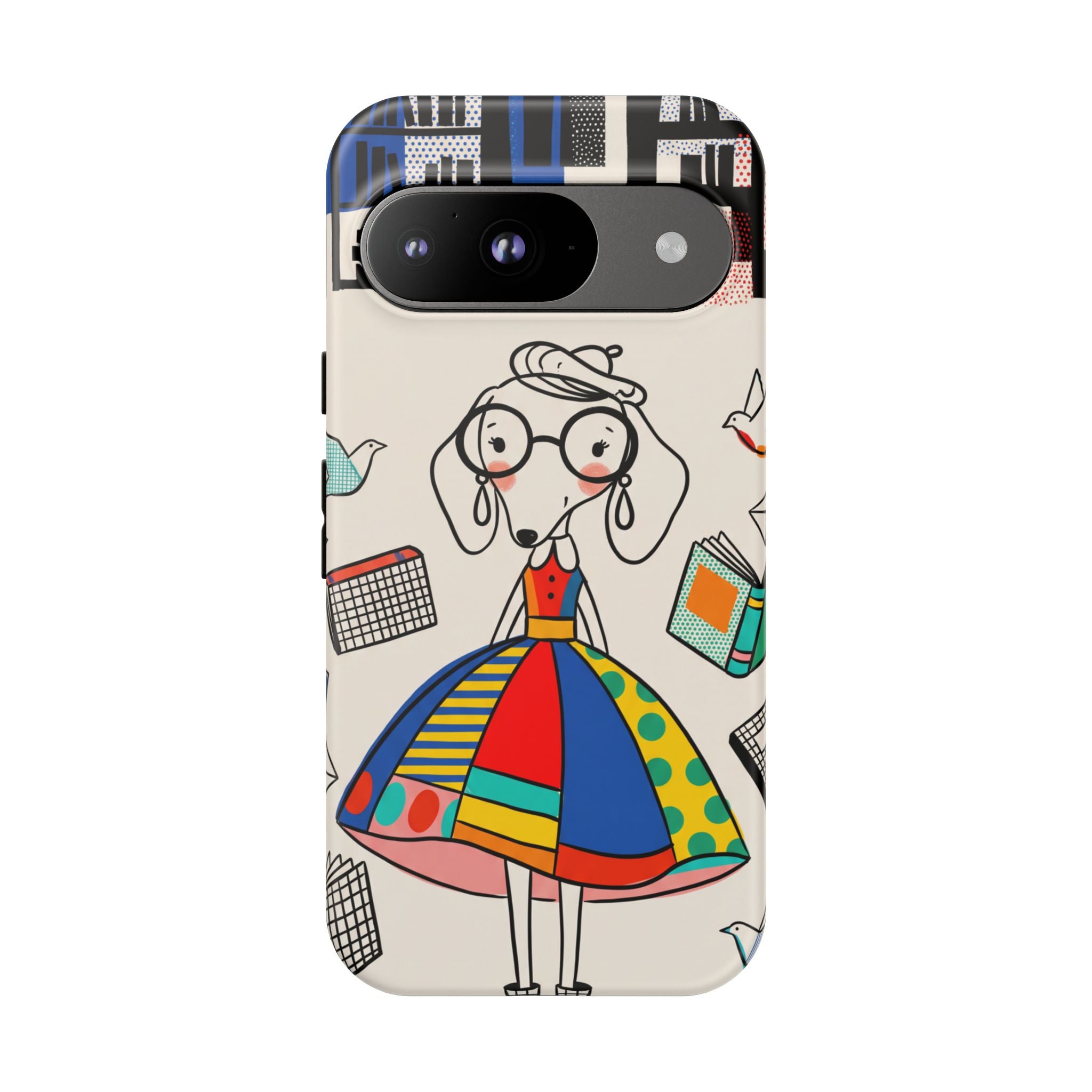 Cute Dachshund Dog Illustration Google Pixel Phone Case | Colorful Whimsical Book & Bird Design