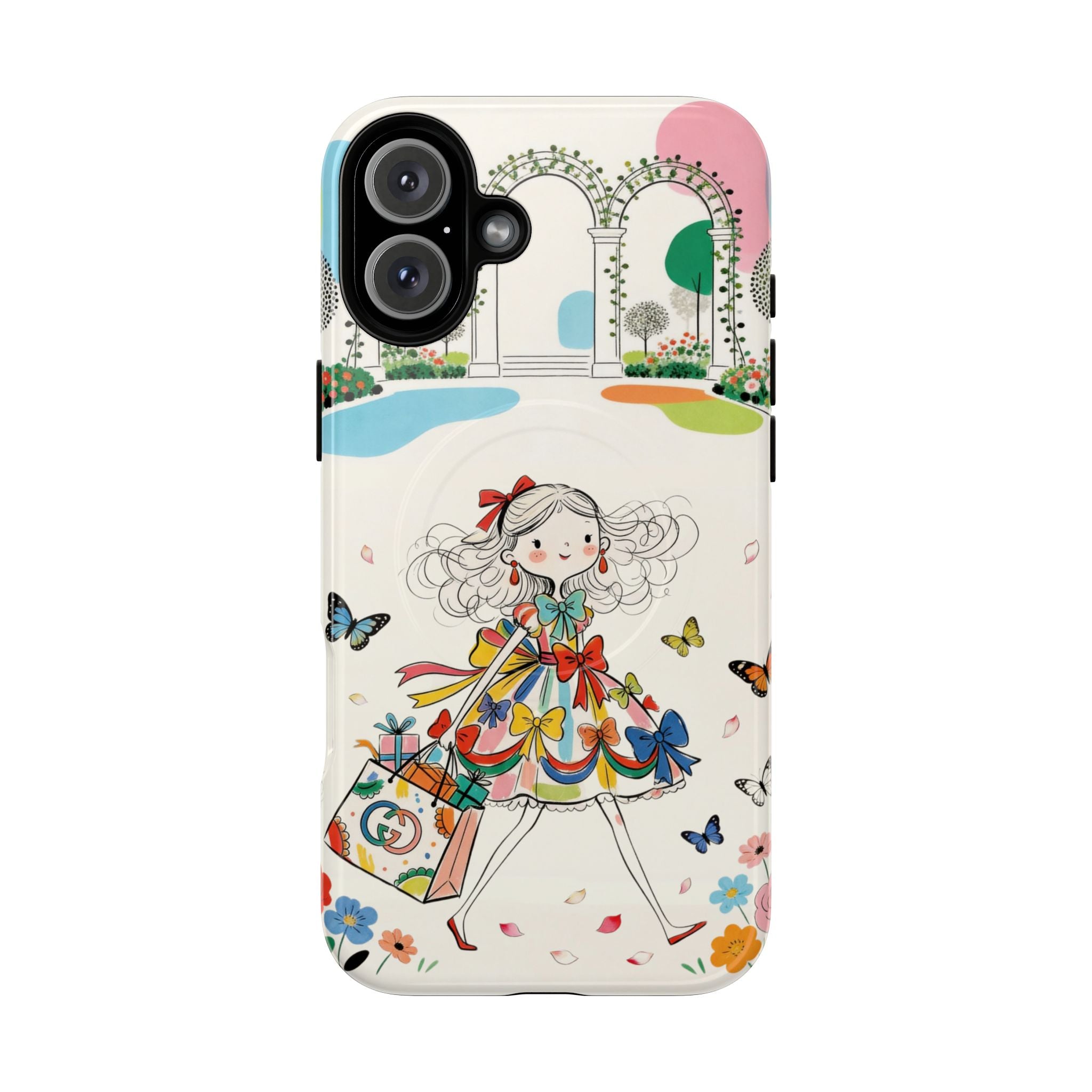 Whimsical Shopping Girl MagSafe iPhone Case | Cute Floral Butterfly Tough Case