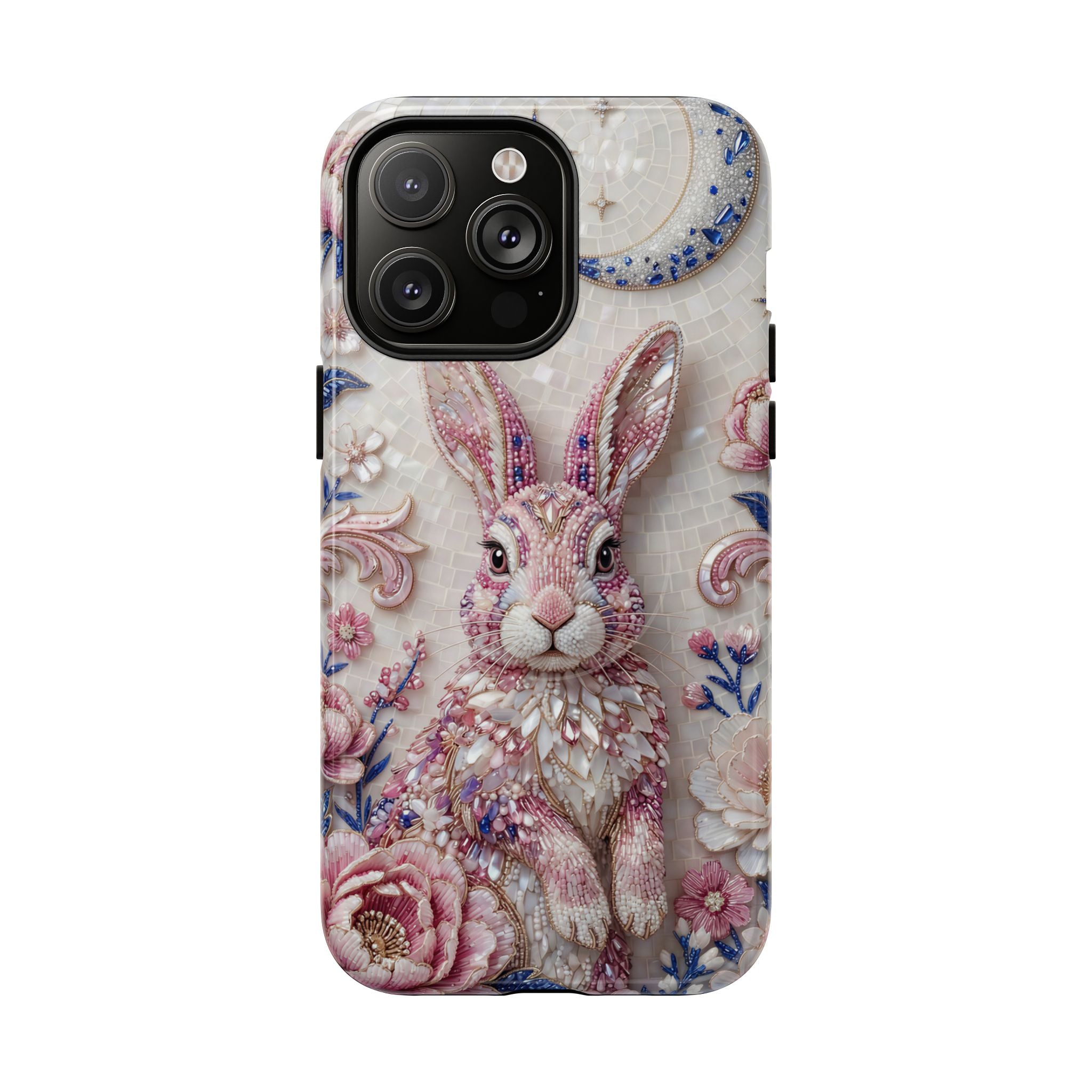 Floral Moon Rabbit Tough MagSafe iPhone Case | Pink Boho Bunny Protective Cover