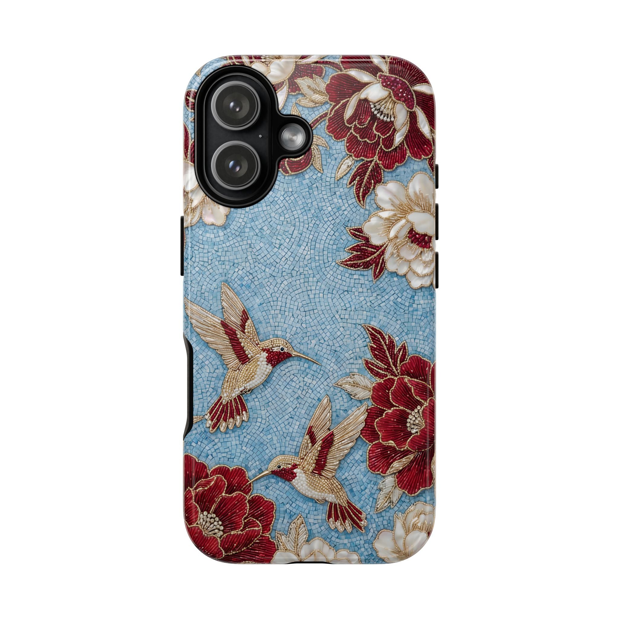 Floral Hummingbird Tough iPhone Case | Vintage Blue & Burgundy Botanical Design