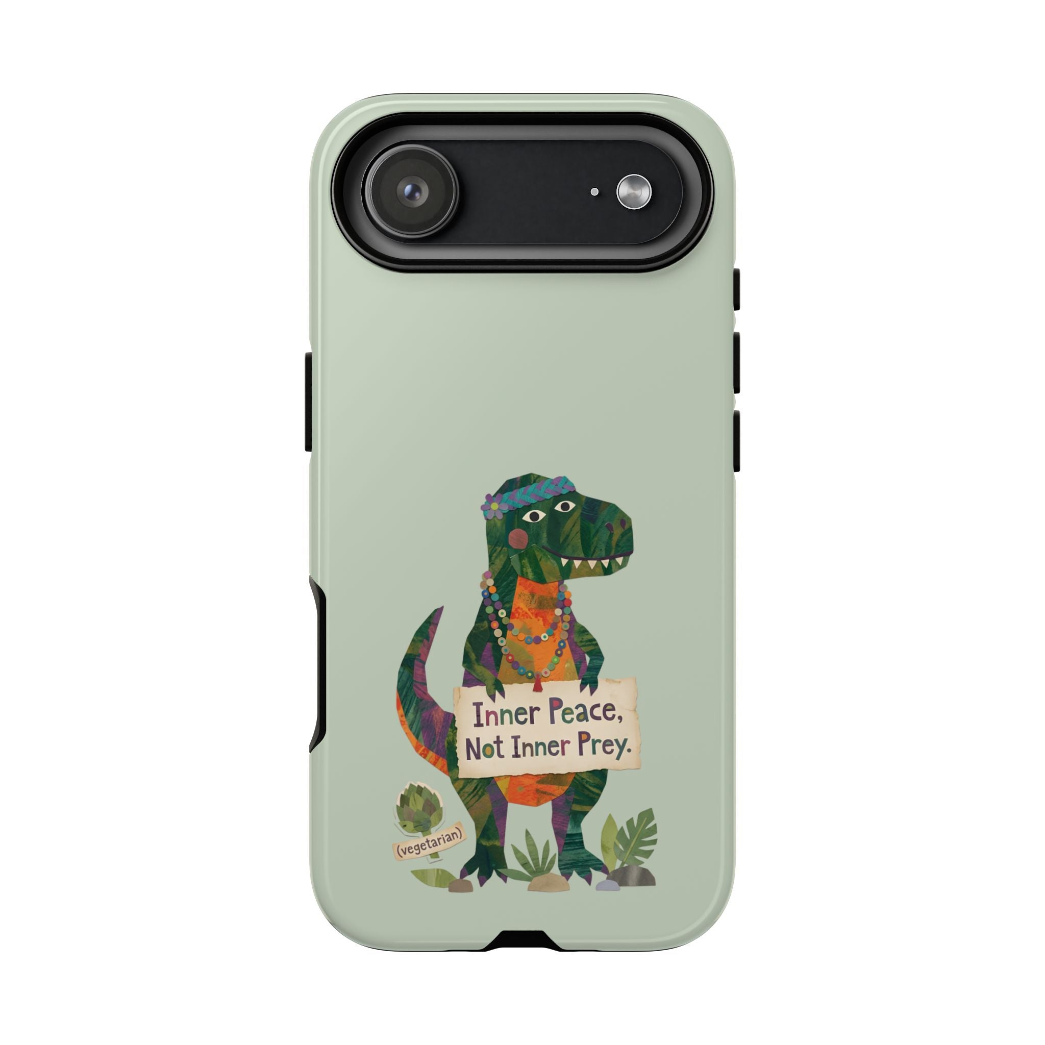 Funny T Rex Tough iPhone Case | Sage Green Inner Peace Dinosaur Cover