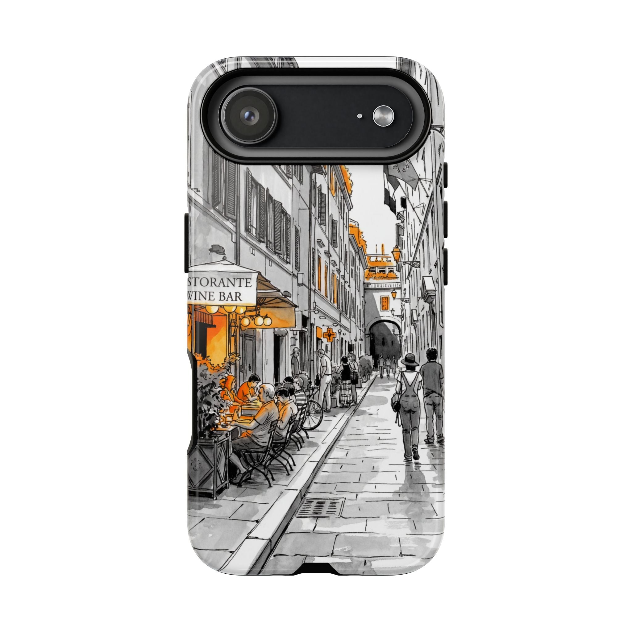 Vintage Italy Street iPhone Case | Black & White Sketch with Orange Accent