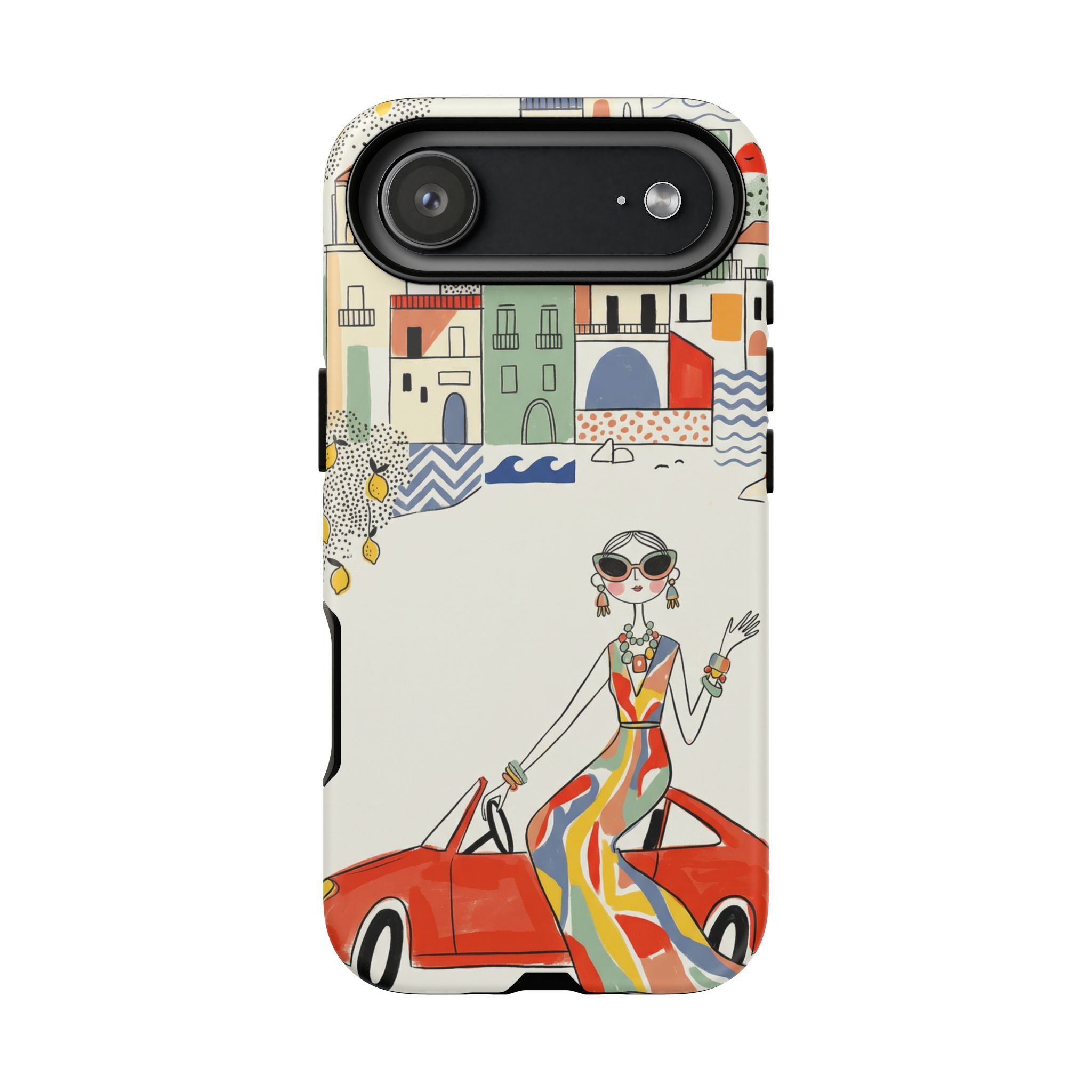 Stylish Riviera iPhone Case | Chic Retro Woman in Convertible Design