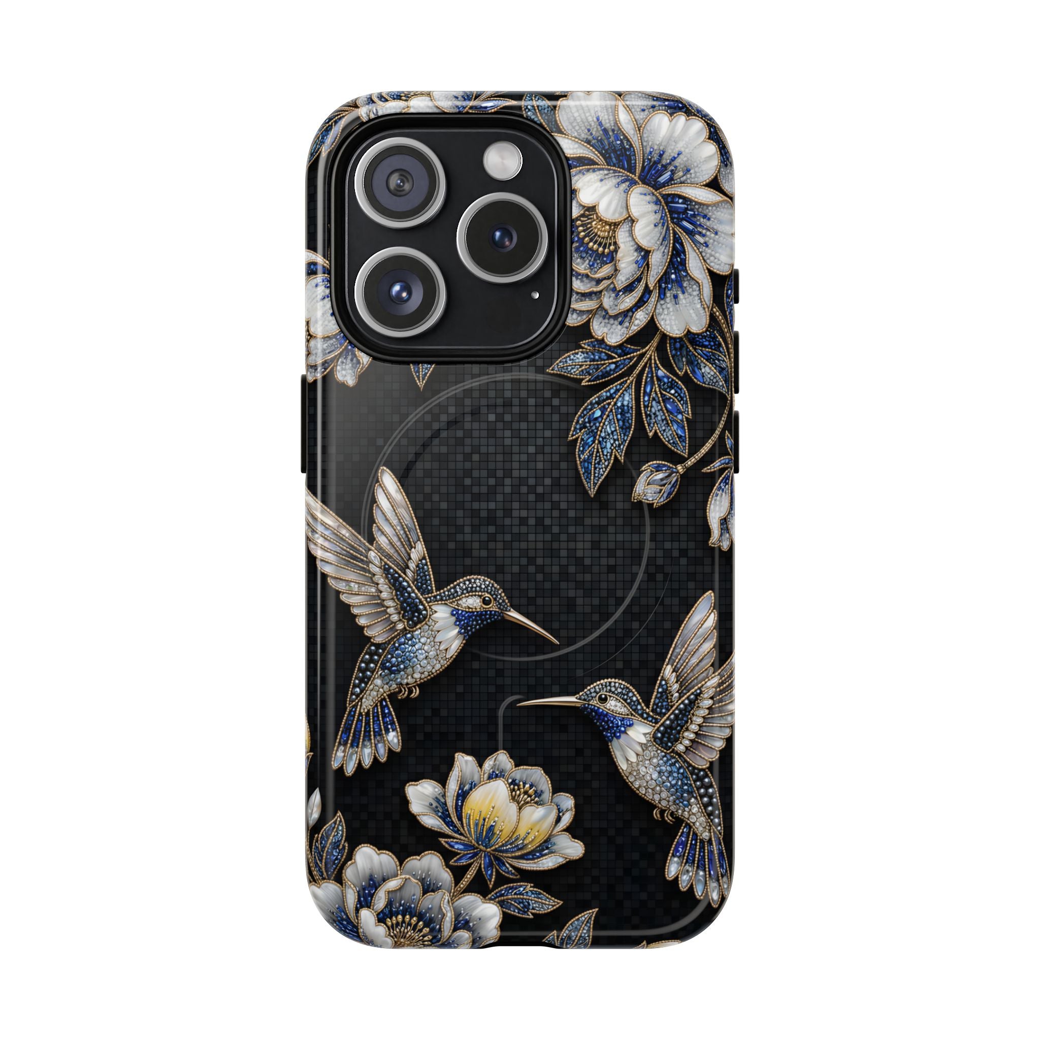 Hummingbird & Peony Floral MagSafe iPhone Case | Elegant Black Protective Cover