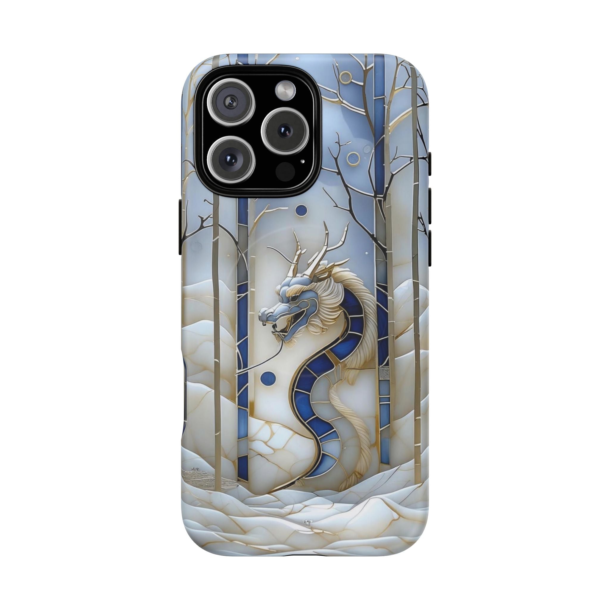 Dragon Stained Glass Tough MagSafe Phone Case — Blue & Ivory Medieval Art