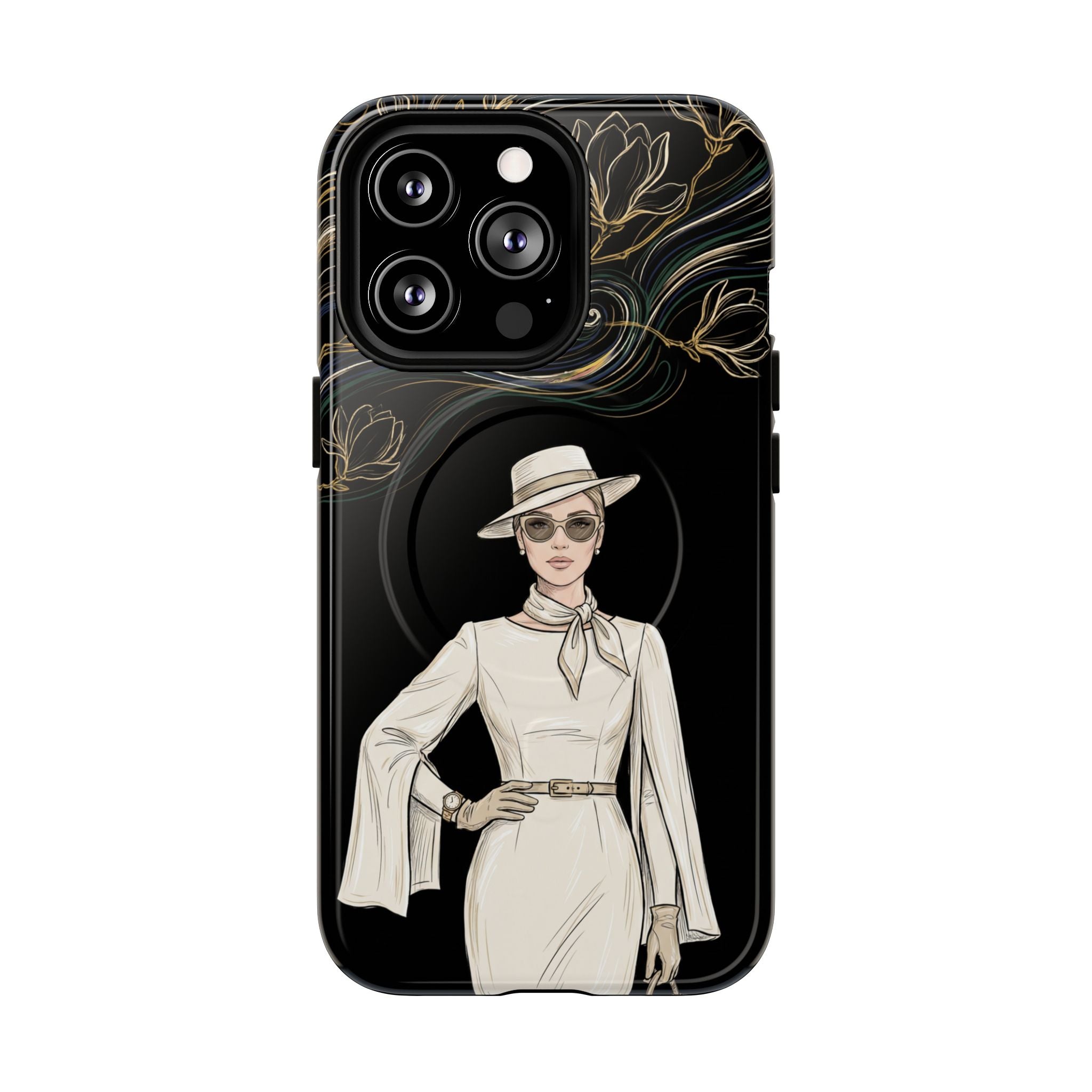 MagSafe iPhone Case | Elegant Vintage Lady with Gold Floral Swirls
