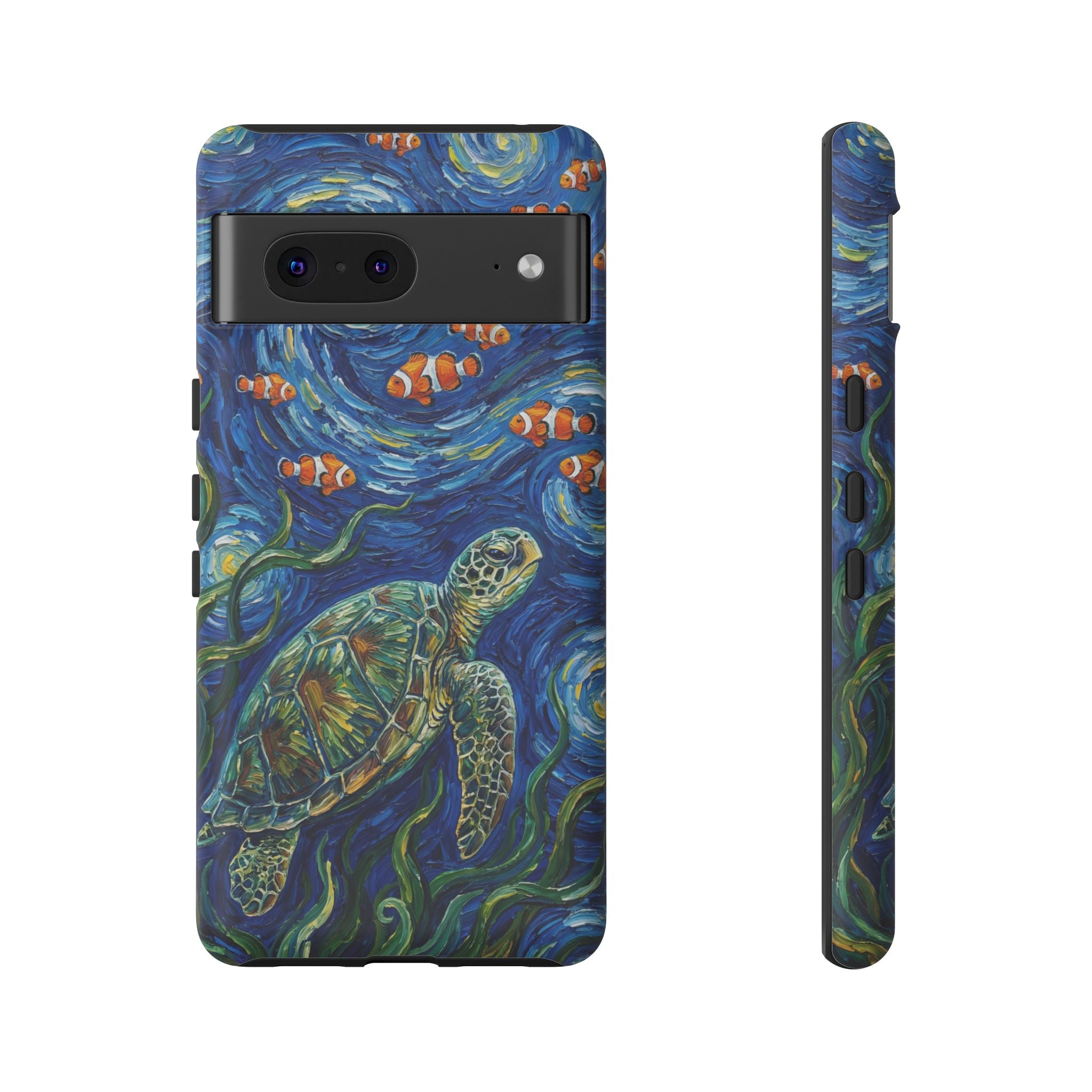 Sea Turtle & Clownfish Tough Google Pixel Case | Van Gogh Style Ocean Art