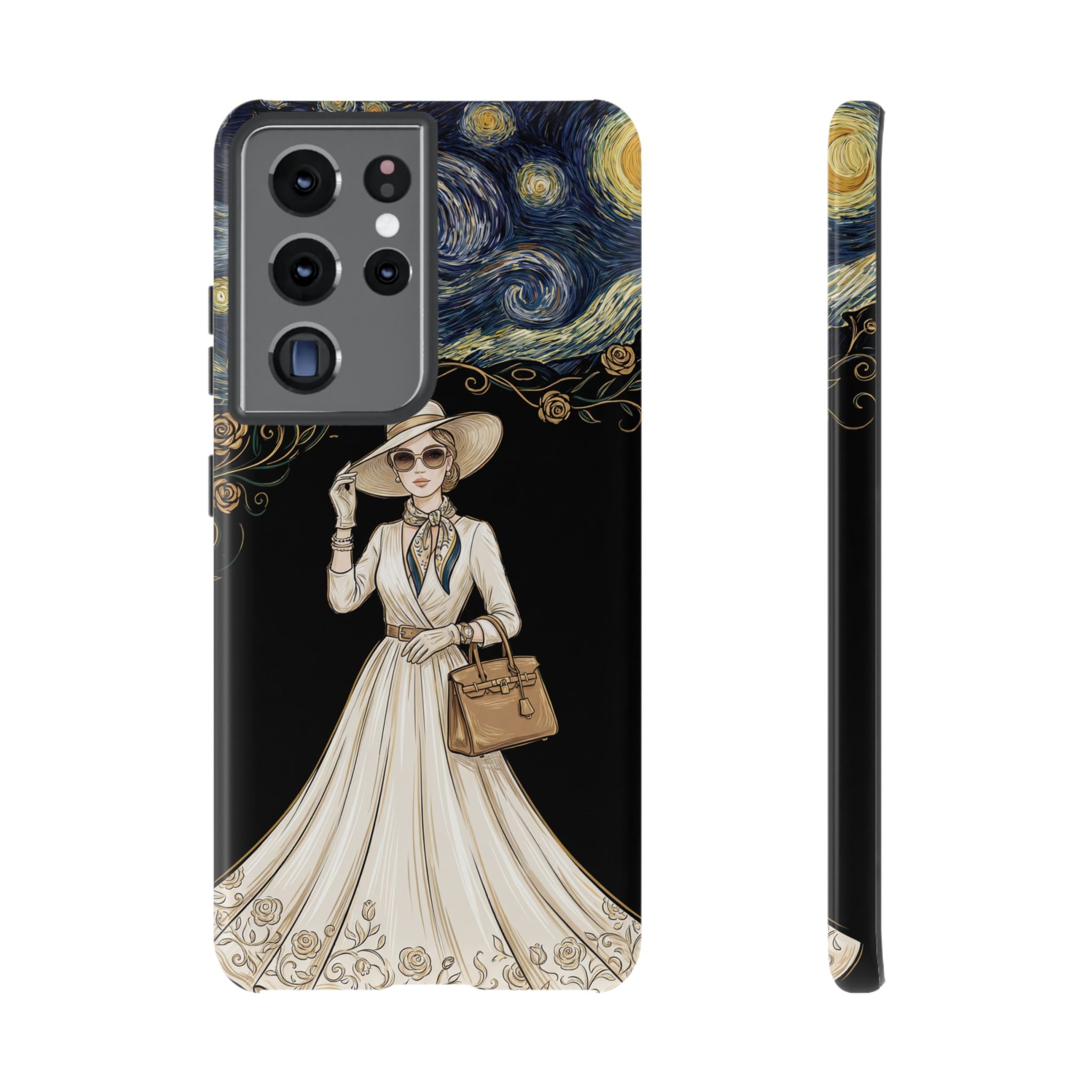 Vintage Starry Night Fashion Samsung Galaxy Phone Case | Elegant Lady in White Dress