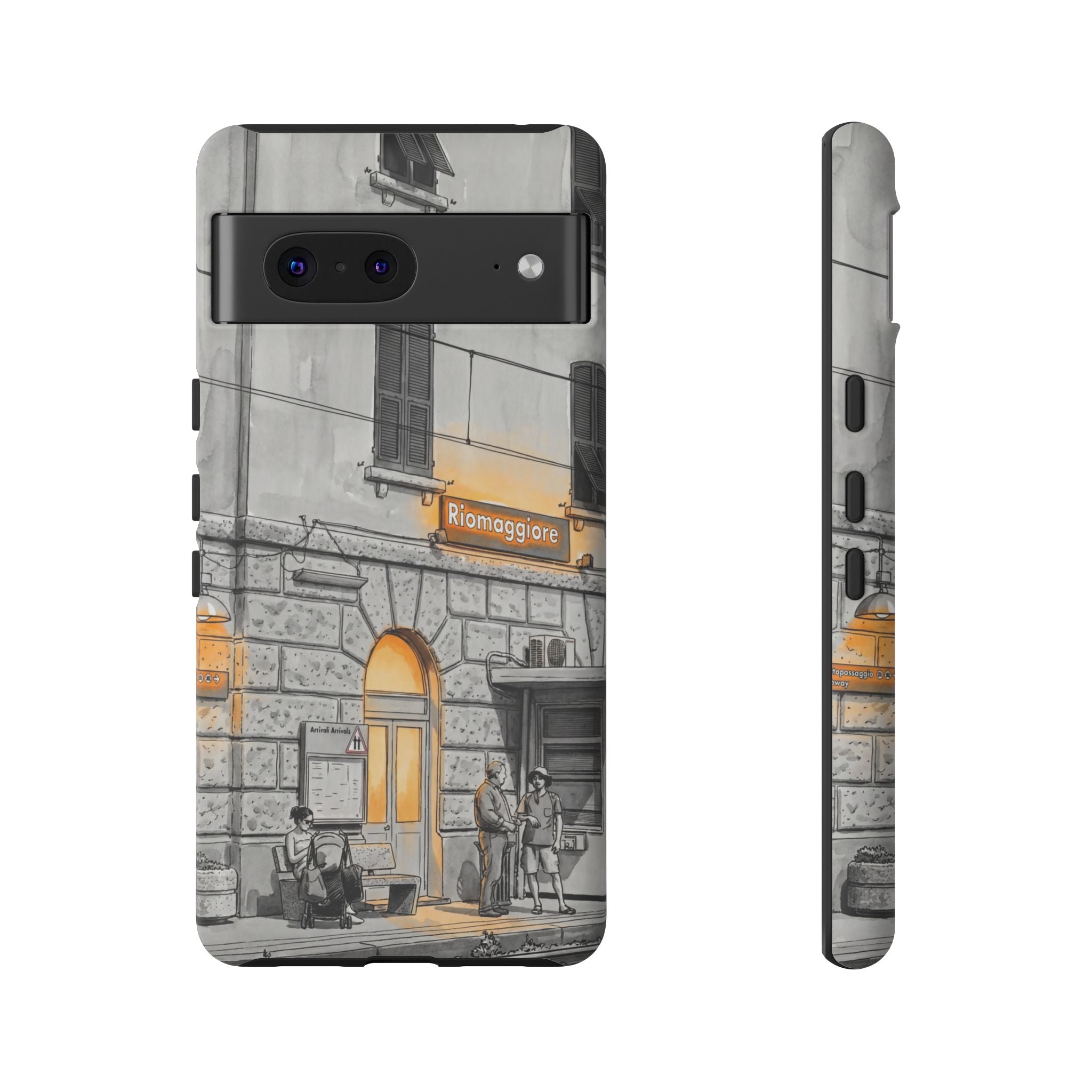 Cinque Terre Train Station Google Pixel Case | Black & White Sketch with Warm Yellow Accents