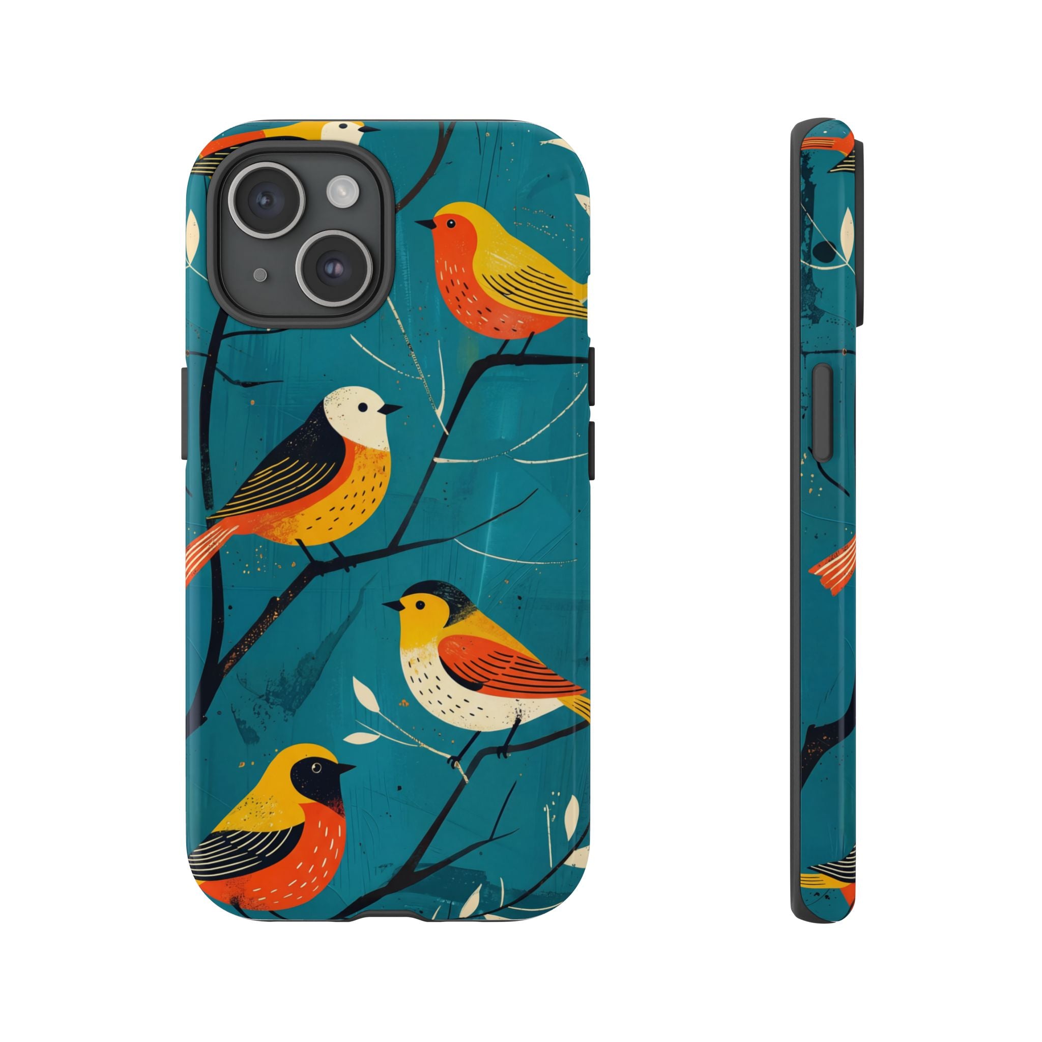 Bird Pattern Tough iPhone Case | Colourful Songbirds on Teal Background