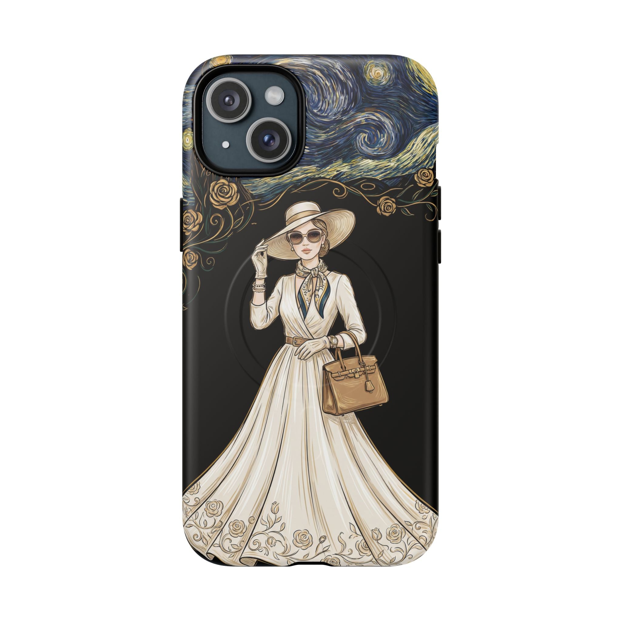 Vintage Starry Night Fashion MagSafe iPhone Case | Elegant Lady in White Dress