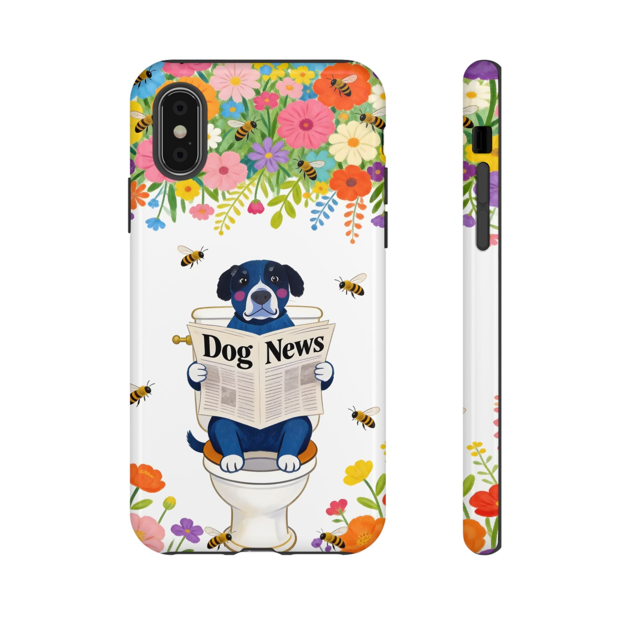 Dog News Floral iPhone Case | Cute Dog on Toilet Pattern, Spring Floral iPhone Cover