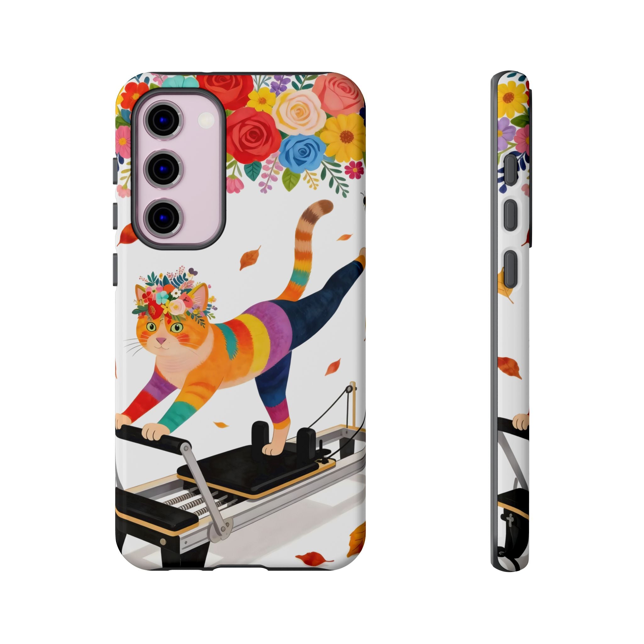 Cat Pilates Samsung Galaxy Phone Case | Floral Rainbow Cat on Reformer
