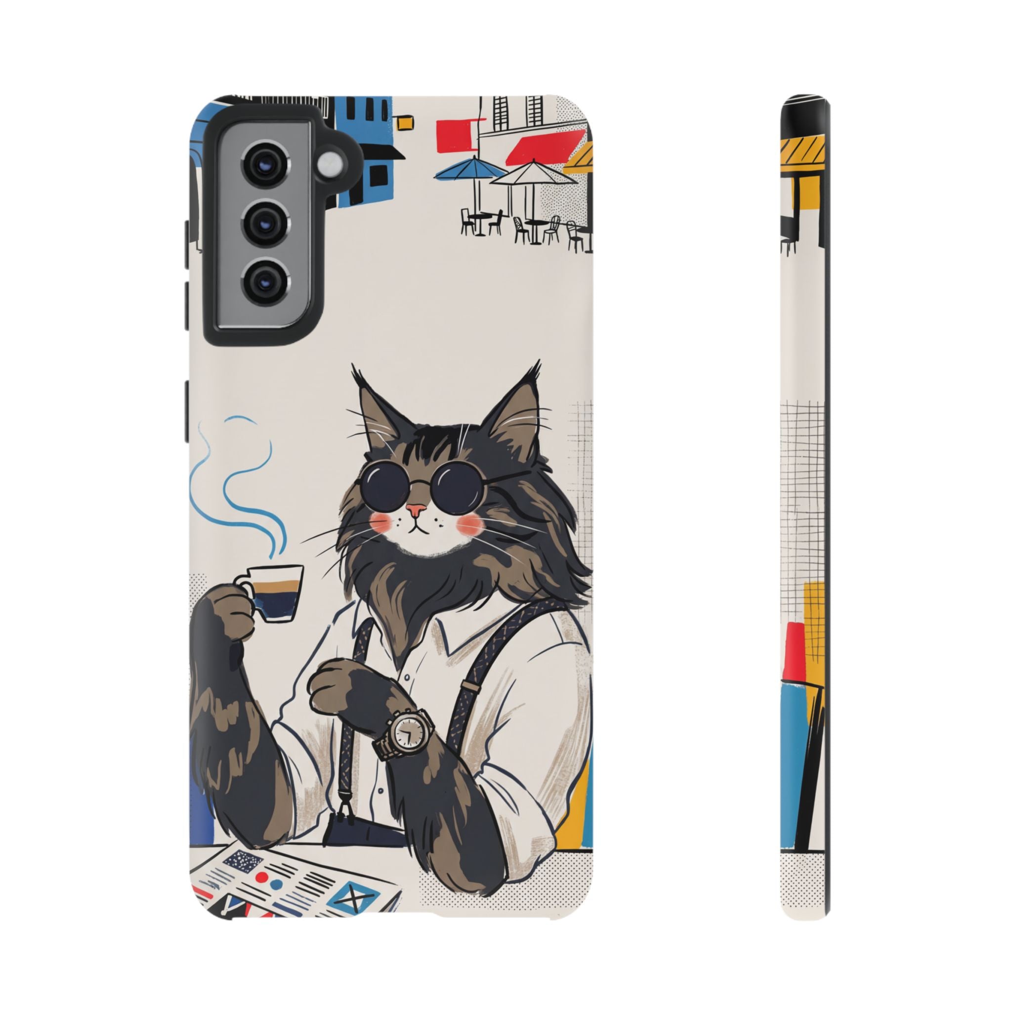 Cat Barista Samsung Galaxy Phone Case | Cool Cat in Sunglasses Coffee Shop Design