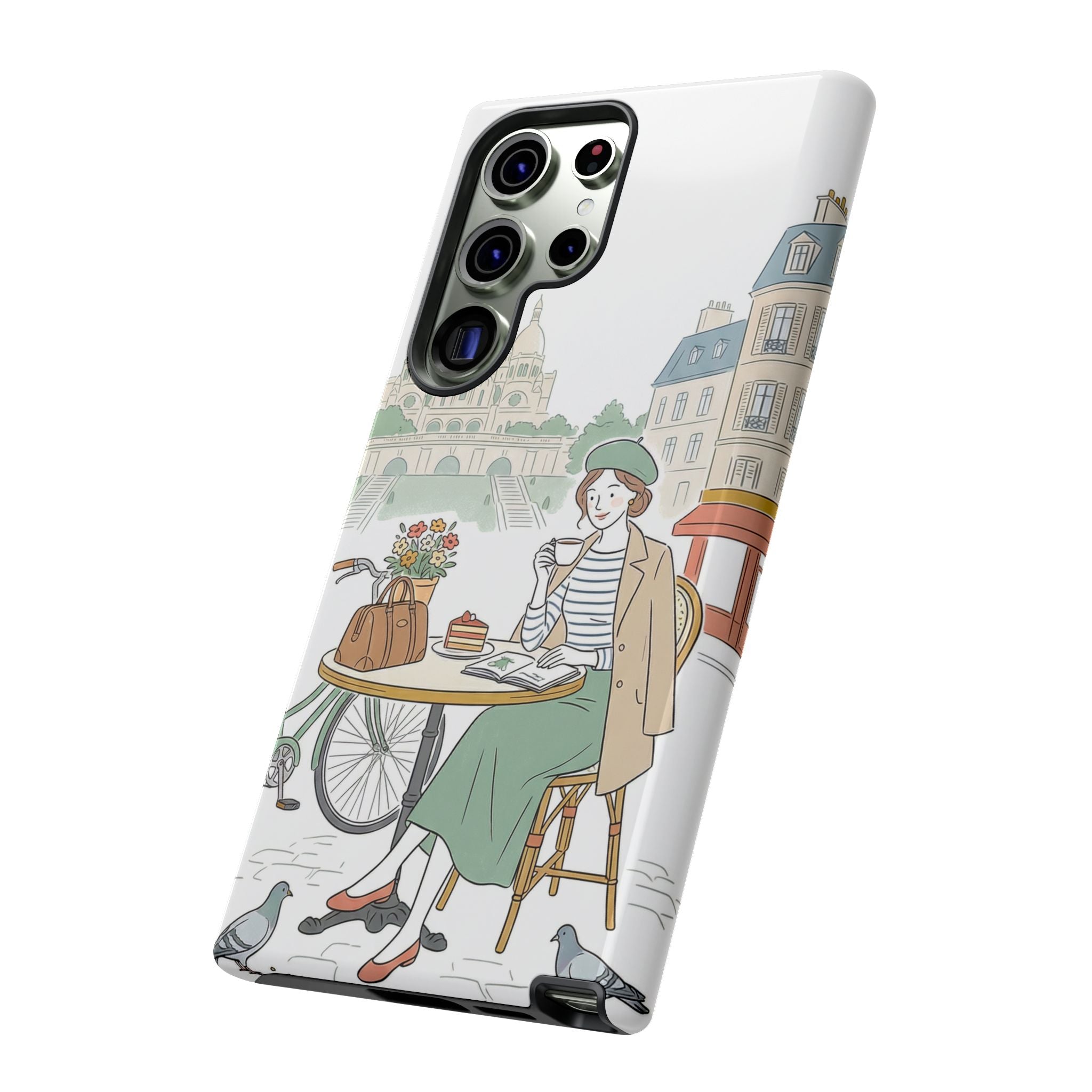 Paris Cafe Illustration Samsung Galaxy Phone Case | Vintage Bicycles & Pigeons Protective Cover