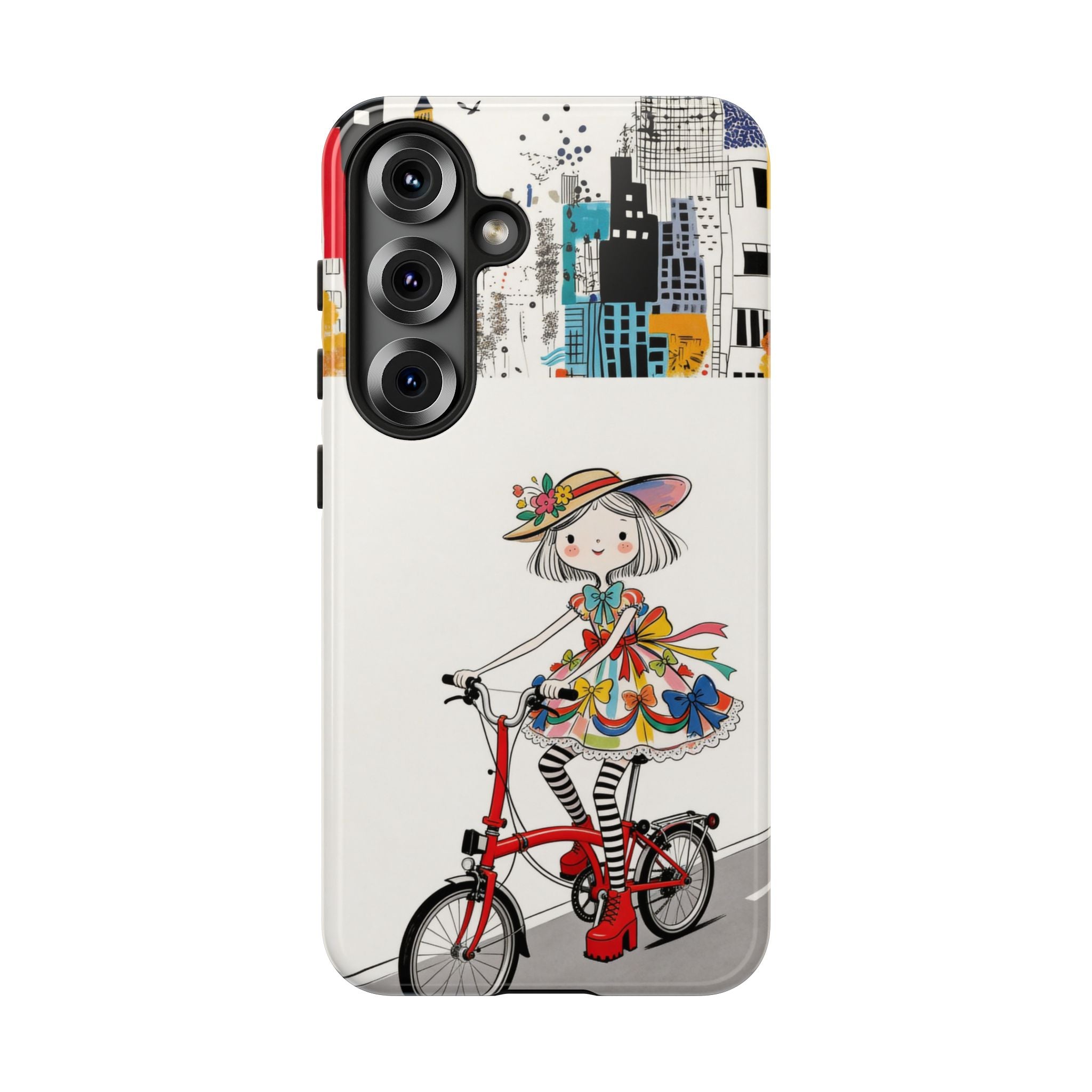 Whimsical Girl on Brompton Bicycle Urban Illustration Samsung Galaxy Phone Case
