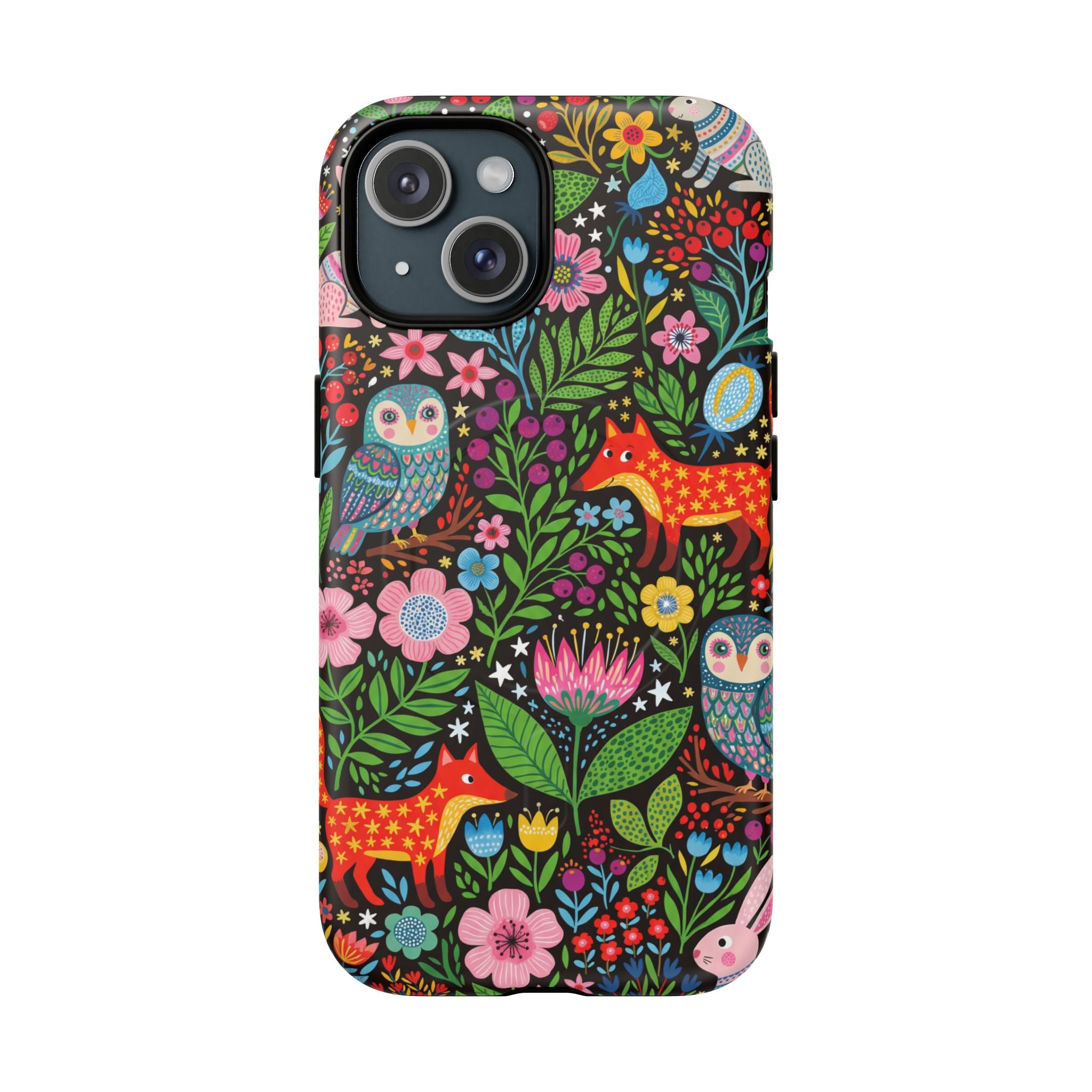 Floral Woodland MagSafe iPhone Case | Colourful Fox & Owl Protective Cover