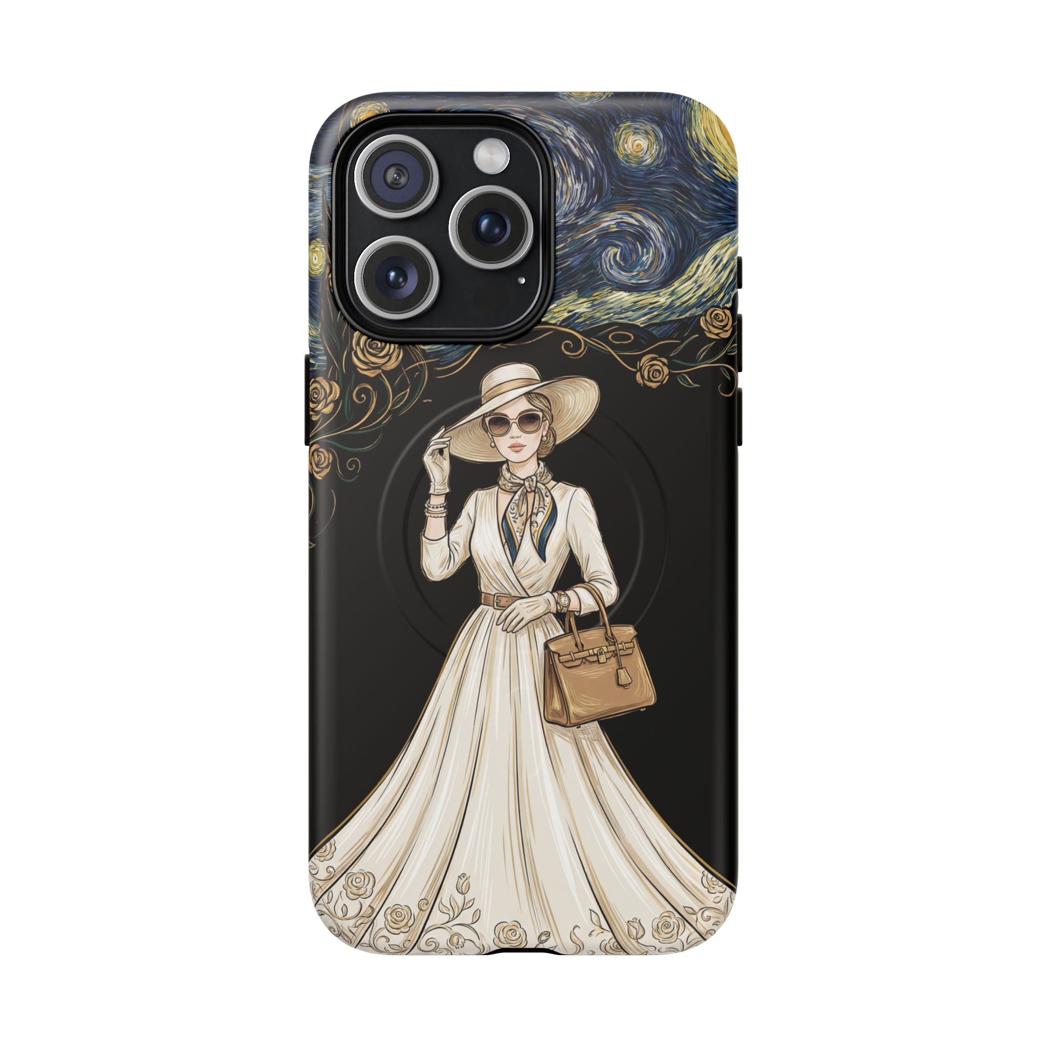 Vintage Starry Night Fashion MagSafe iPhone Case | Elegant Lady in White Dress