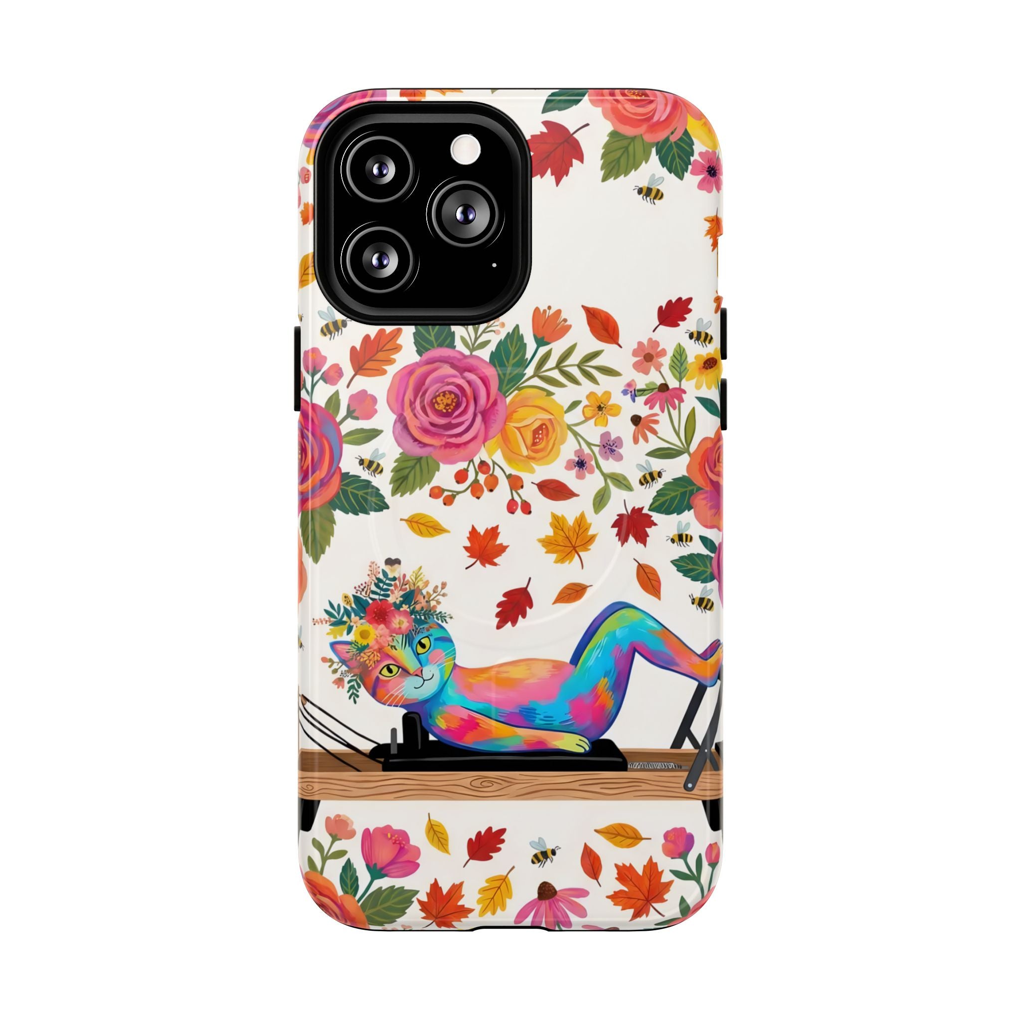 Autumn Floral Pilates MagSafe iPhone Case | Colorful Rainbow Pilates Cat on Falling Leaves