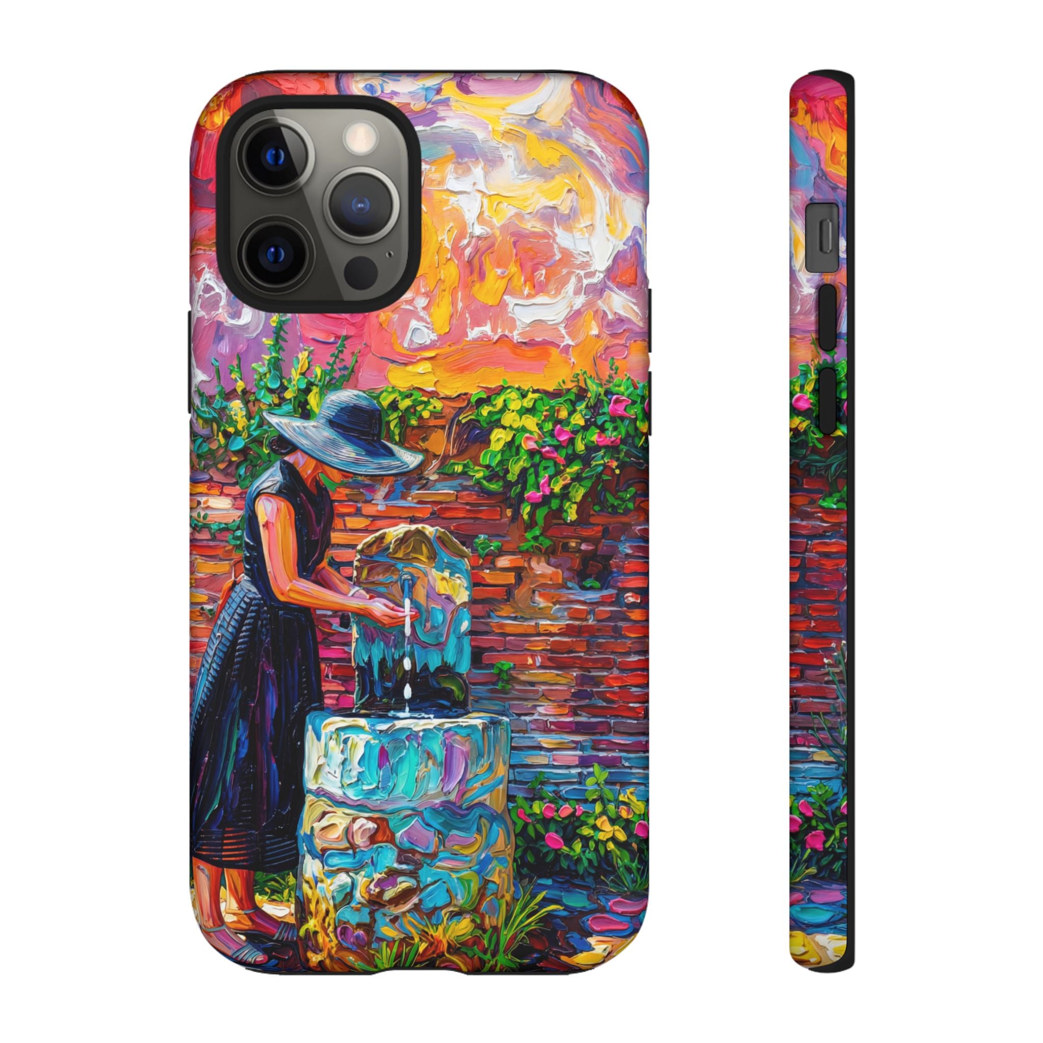 Artistic Garden iPhone Case | Woman at Fountain Colourful Painterly Design