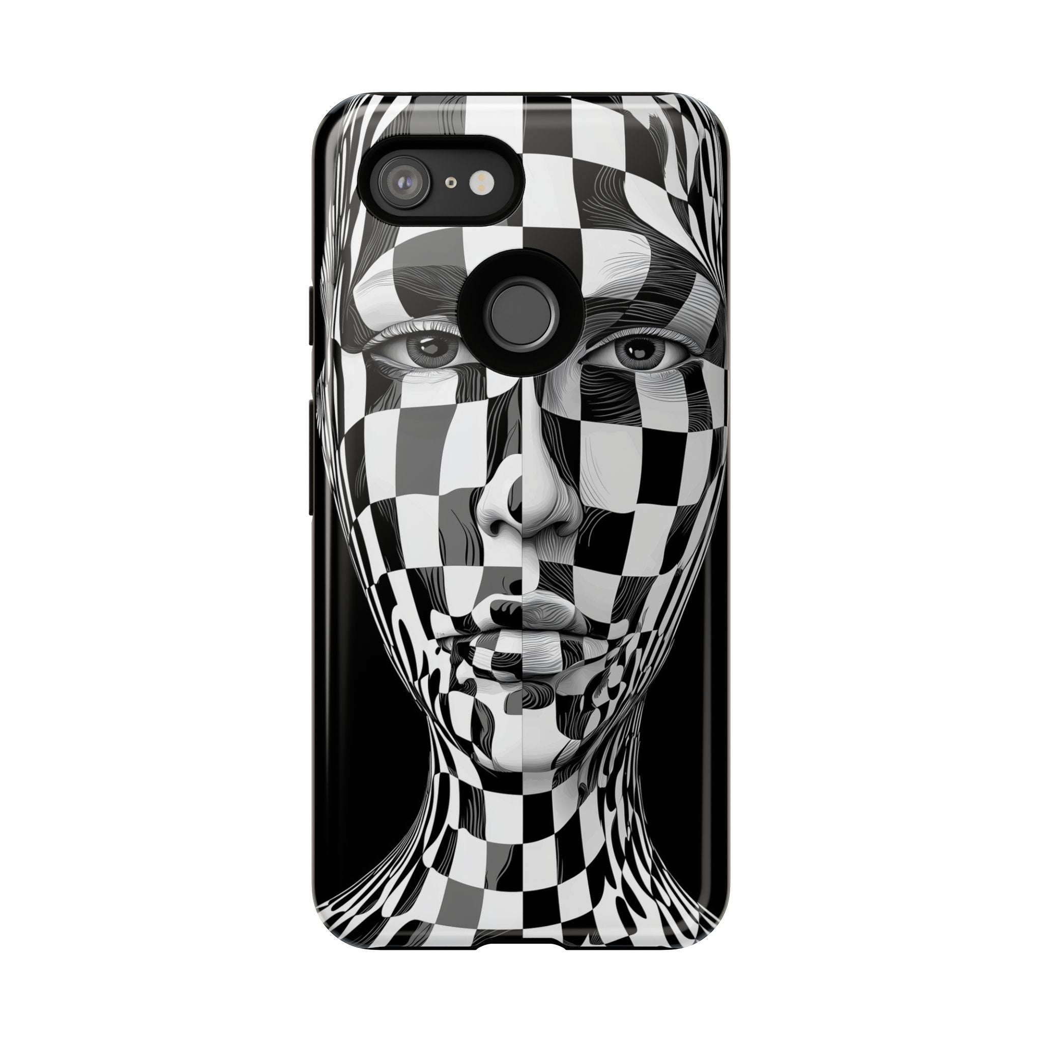 Checkerboard Face Tough Google Pixel Case — Black & White Surreal Art Protective Cover