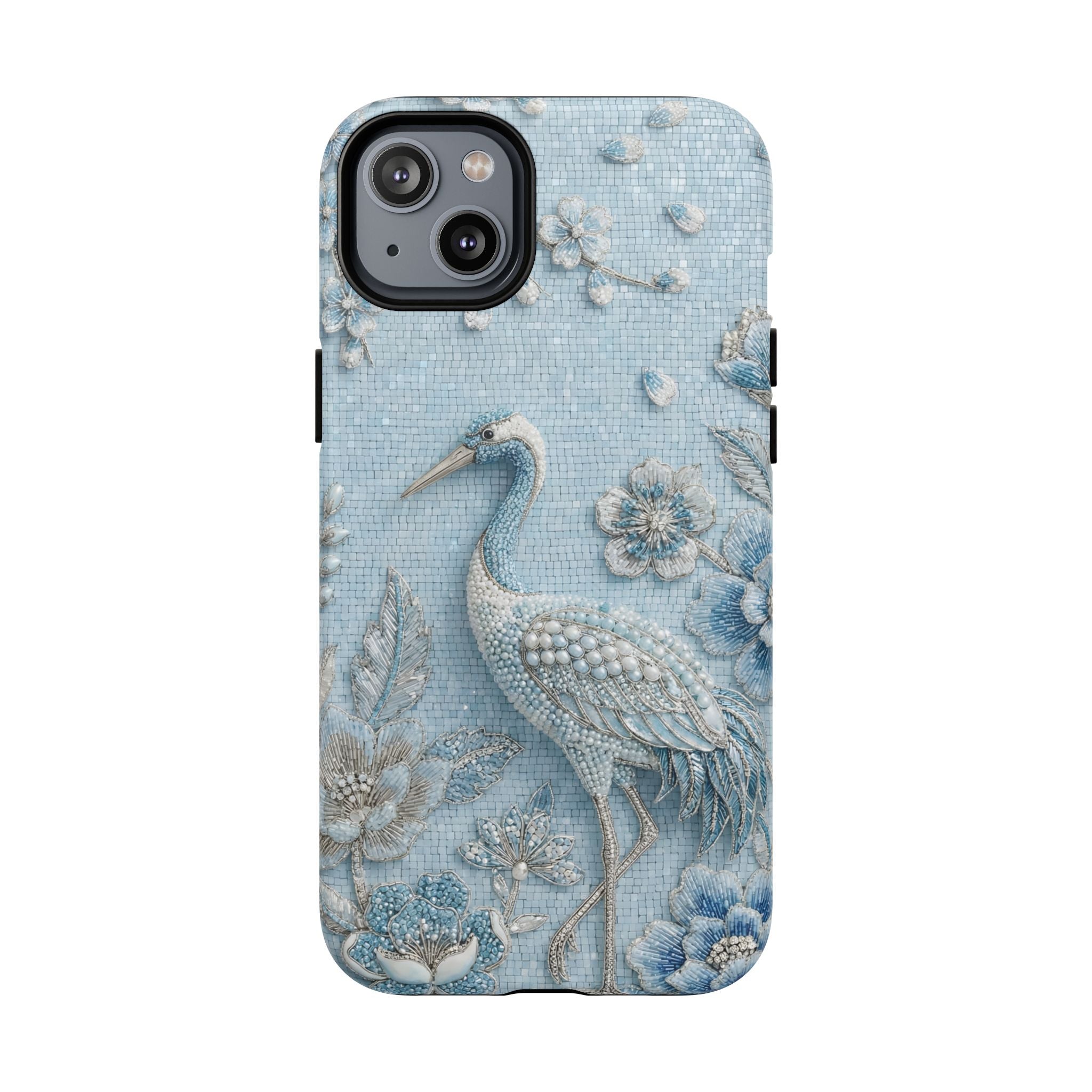 Blue Crane Floral MagSafe iPhone Case | Vintage Embossed Bird Design