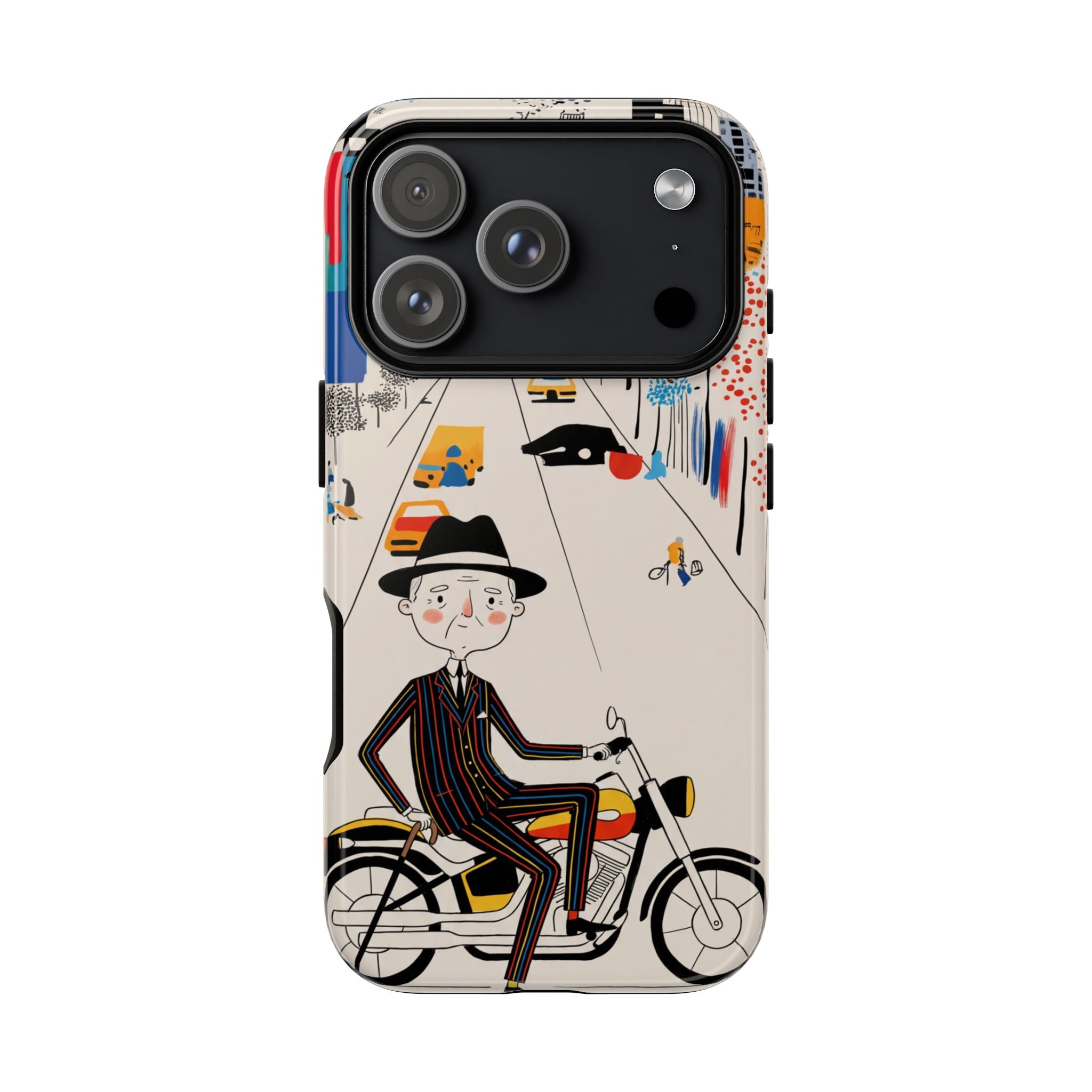 Vintage Grandpa Rider Motorcycle iPhone Case | Illustrated Cityscape