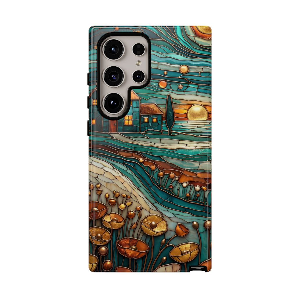 Artistic Sunset Cottage Samsung Galaxy Case | Whimsical Floral Landscape Protective Cover