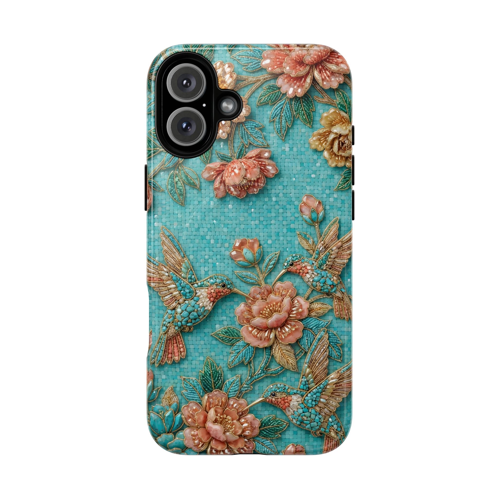 Floral Hummingbird Tough MagSafe iPhone Case | Turquoise Embroidered Garden Design