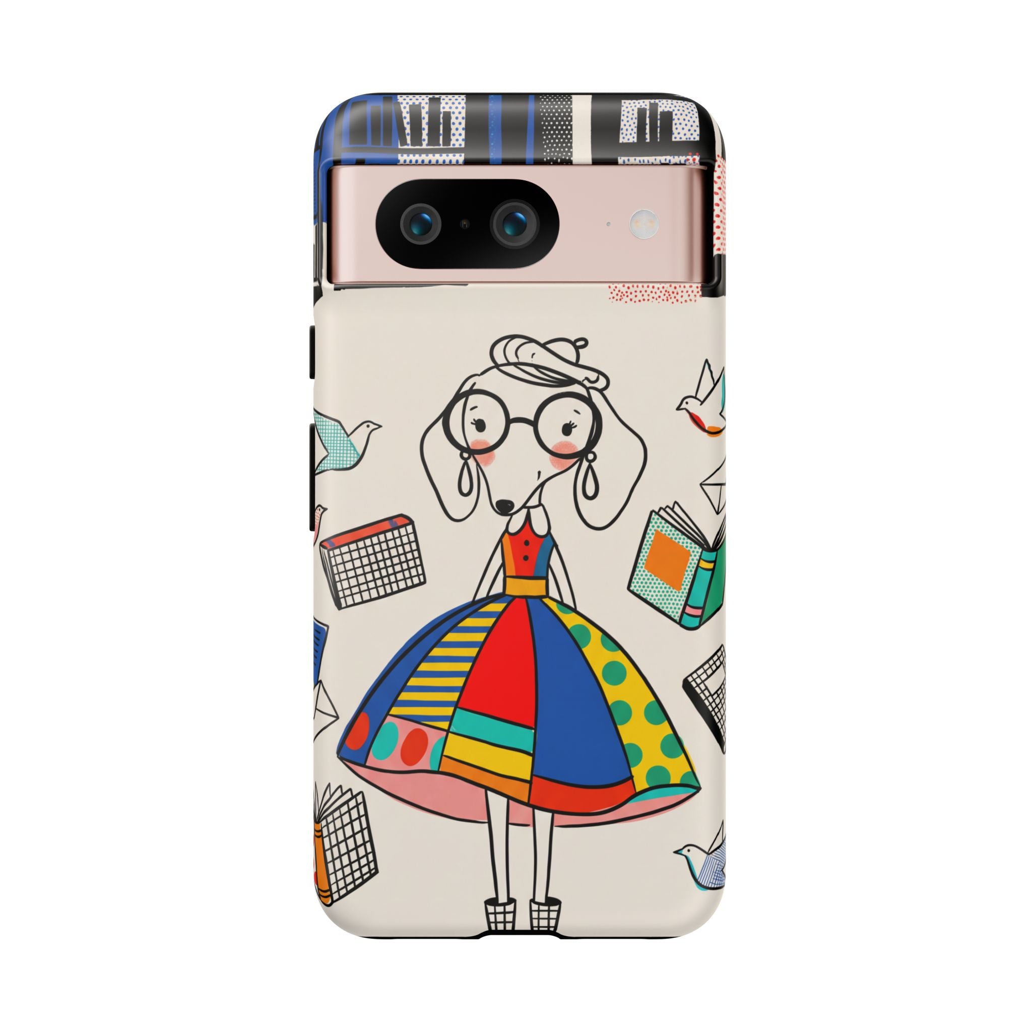 Cute Dachshund Dog Illustration Google Pixel Phone Case | Colorful Whimsical Book & Bird Design