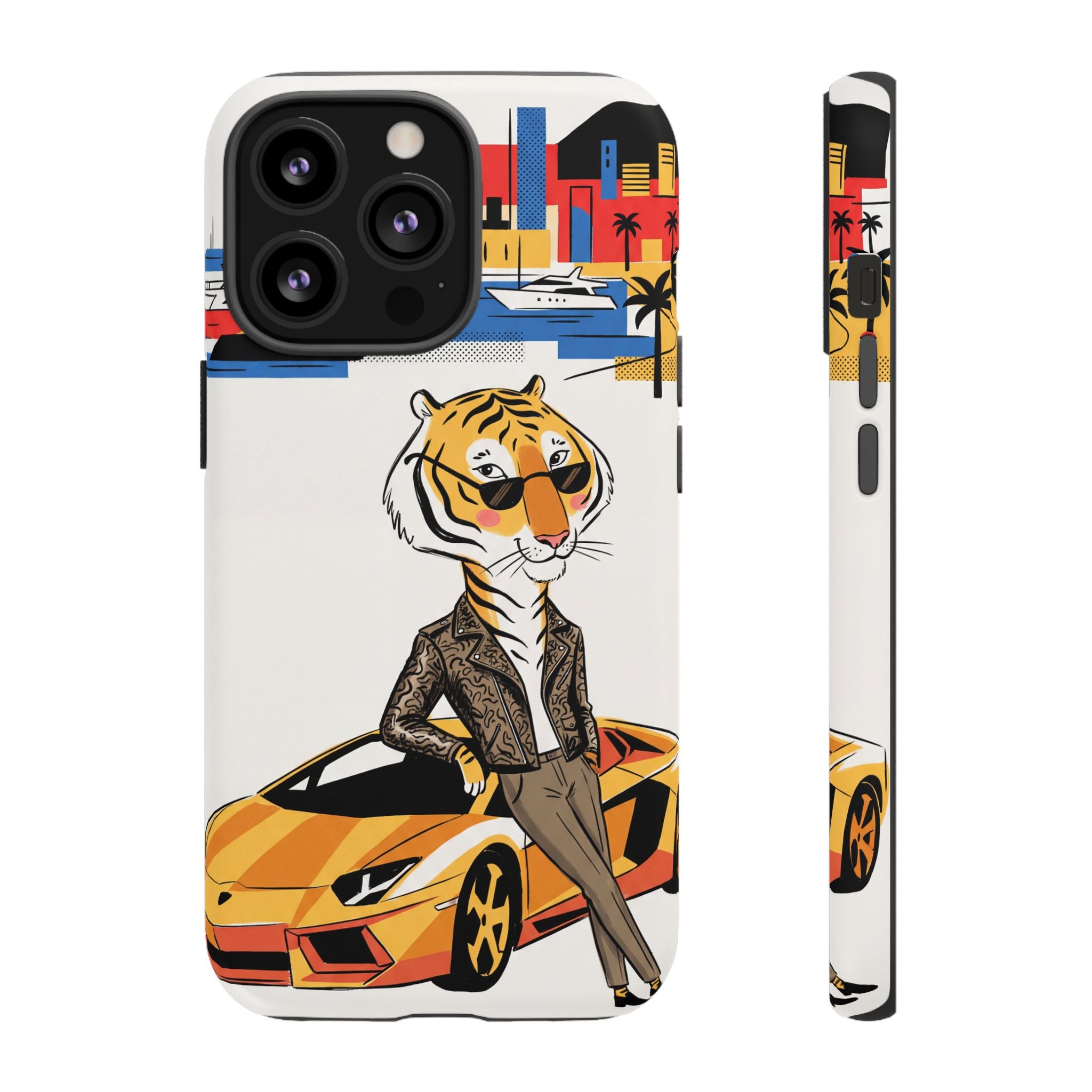 Stylish Tiger with Sports Car Illustration iPhone Case