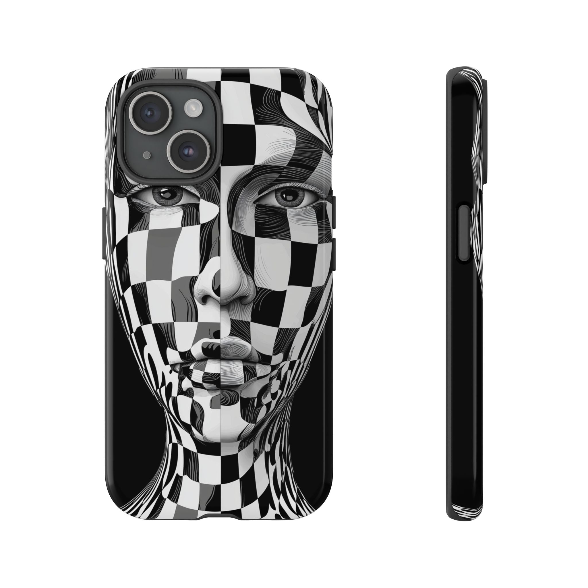 Checkerboard Face Tough iPhone Case — Black & White Surreal Art Protective Cover