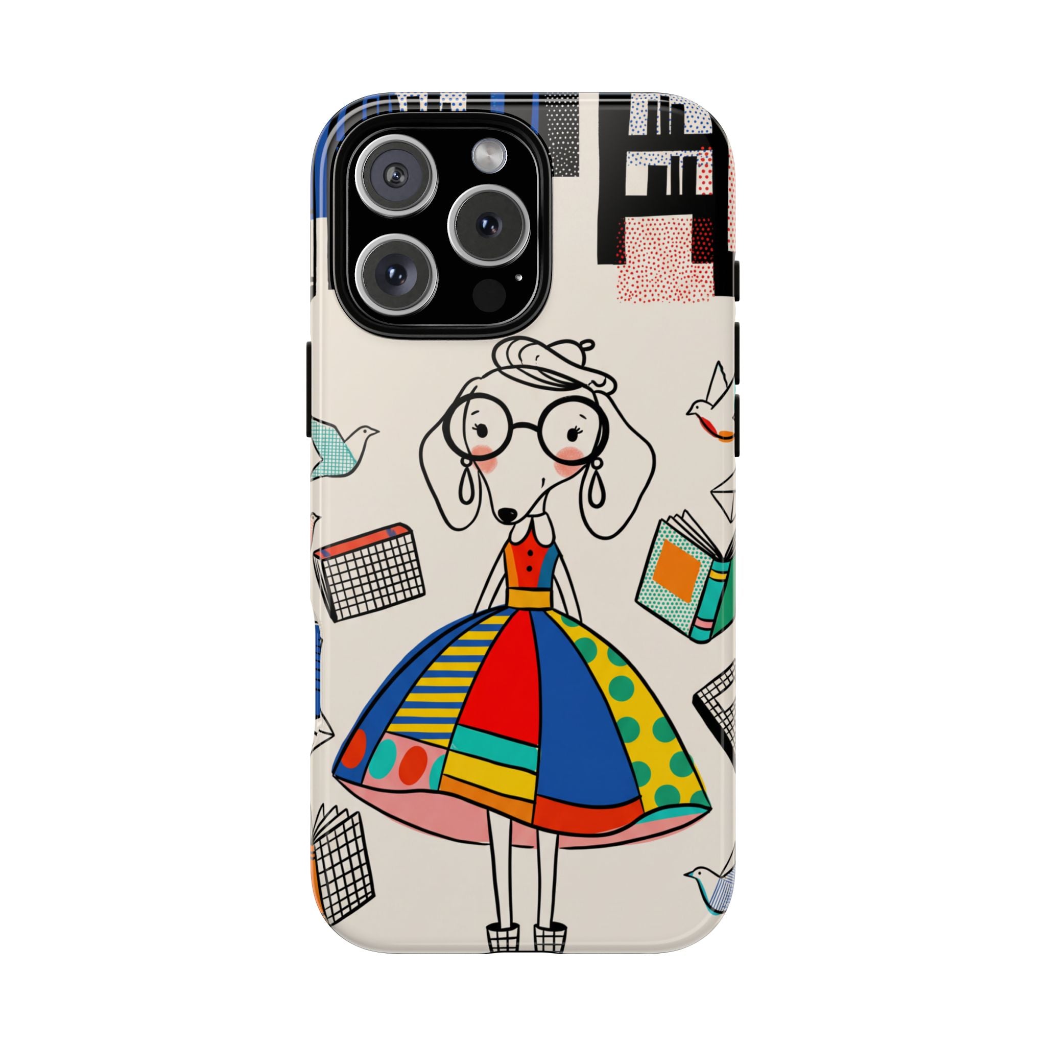 Cute Dachshund Dog Illustration iPhone Case | Colorful Whimsical Book & Bird Design