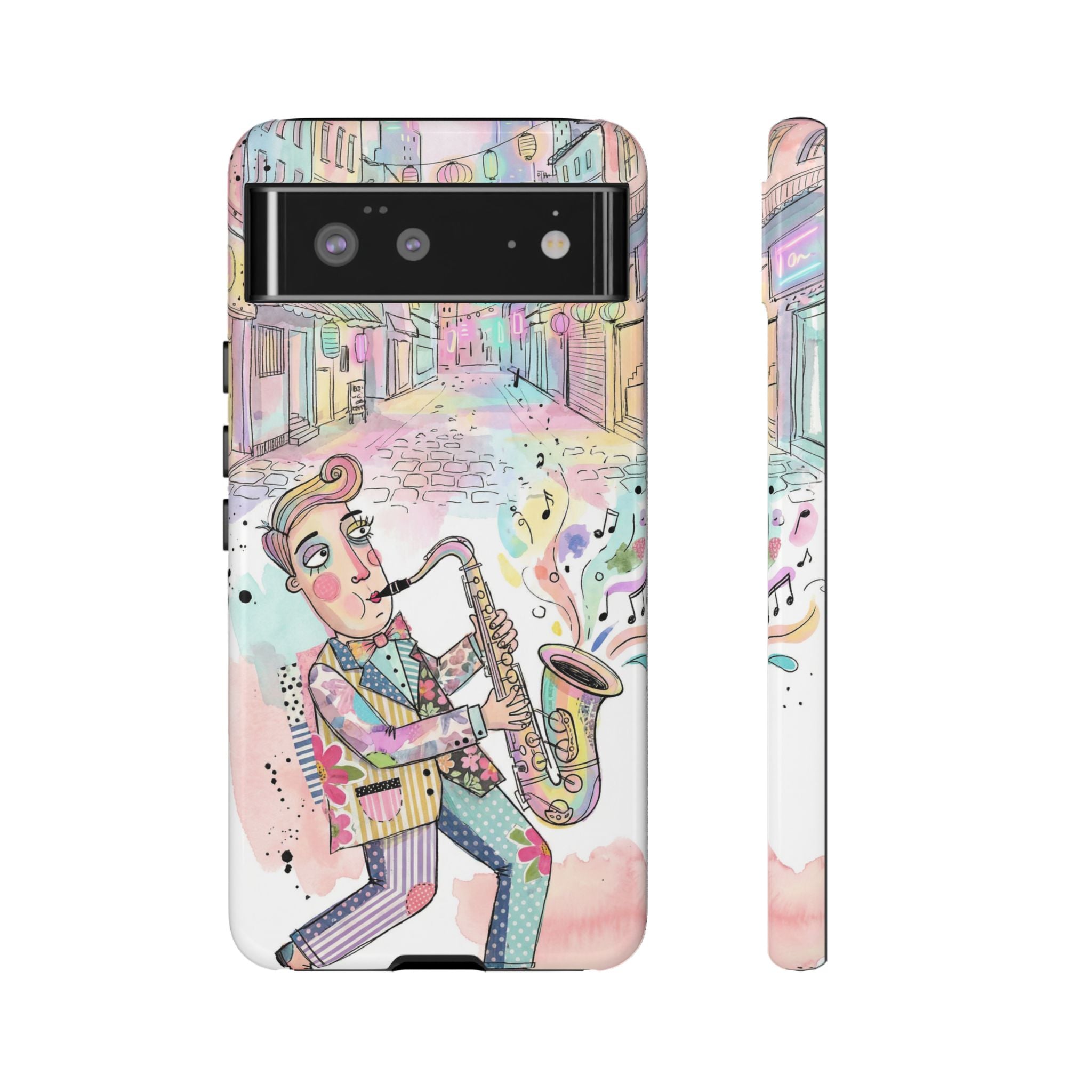 Sax Player Art Google Pixel Phone Case | Pastel Jazz Street Illustration