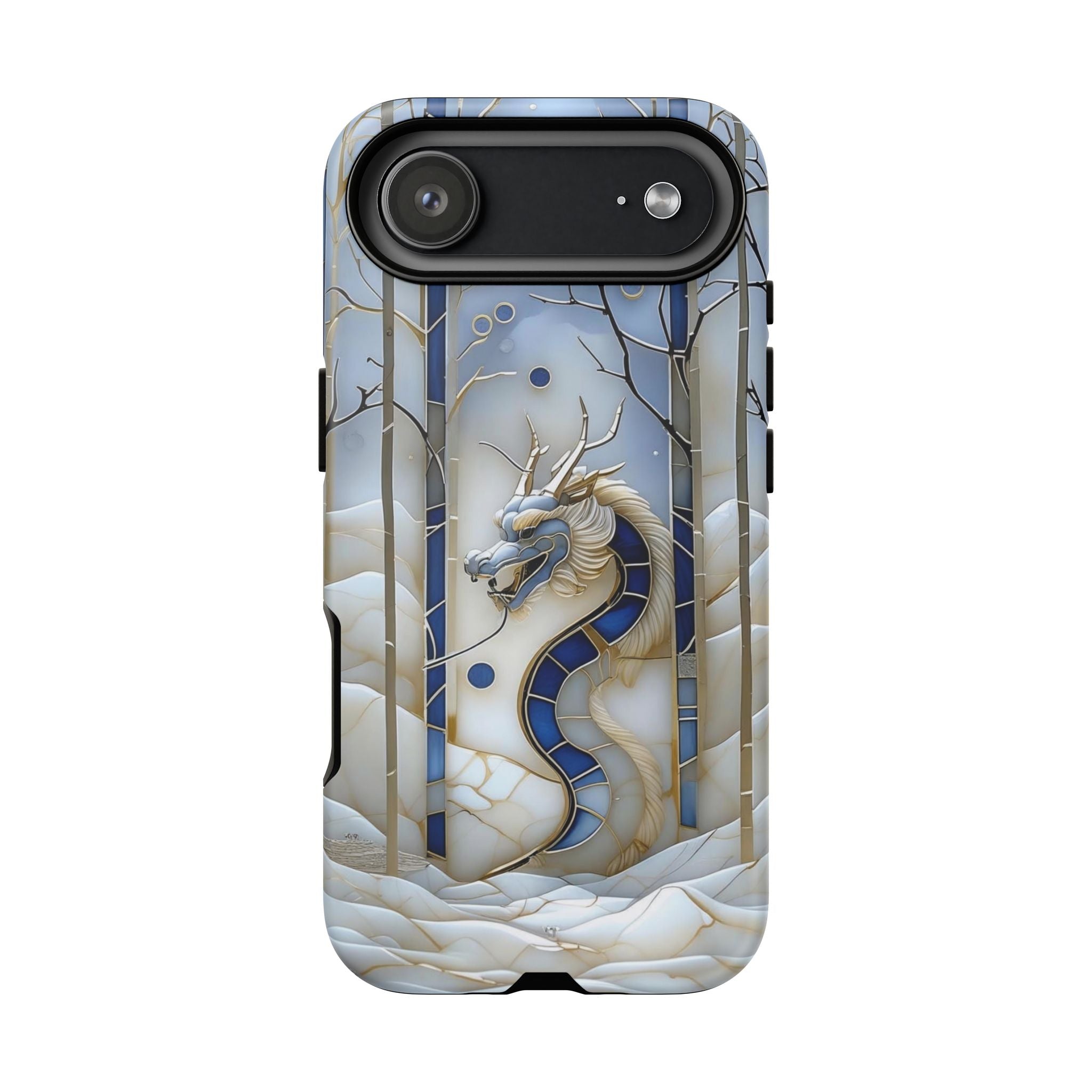 Dragon Stained Glass iPhone Case — Blue Winter Forest Protective Cover