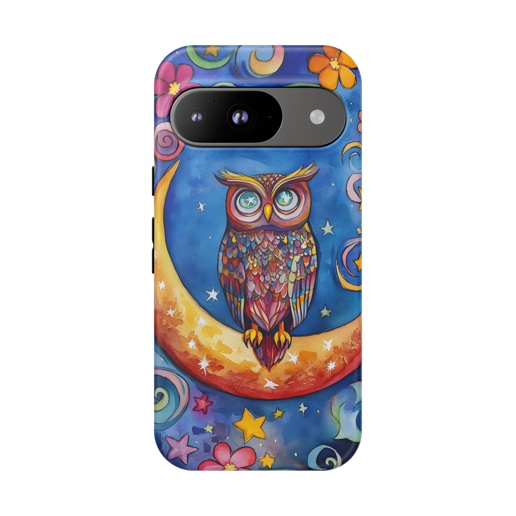 Owl on Crescent Moon Google Pixel Case — Colourful Whimsical Night Sky Design