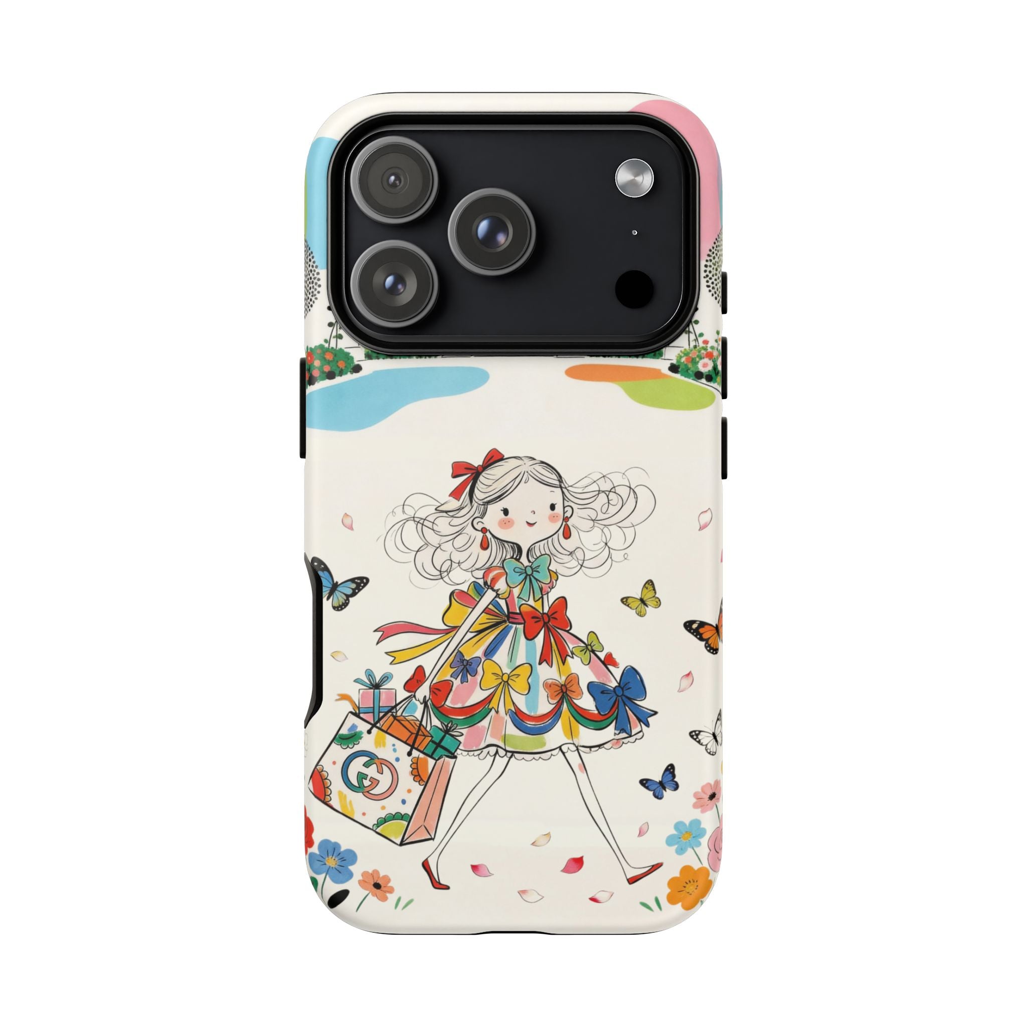 Whimsical Shopping Girl iPhone Case | Cute Floral Butterfly Tough Case