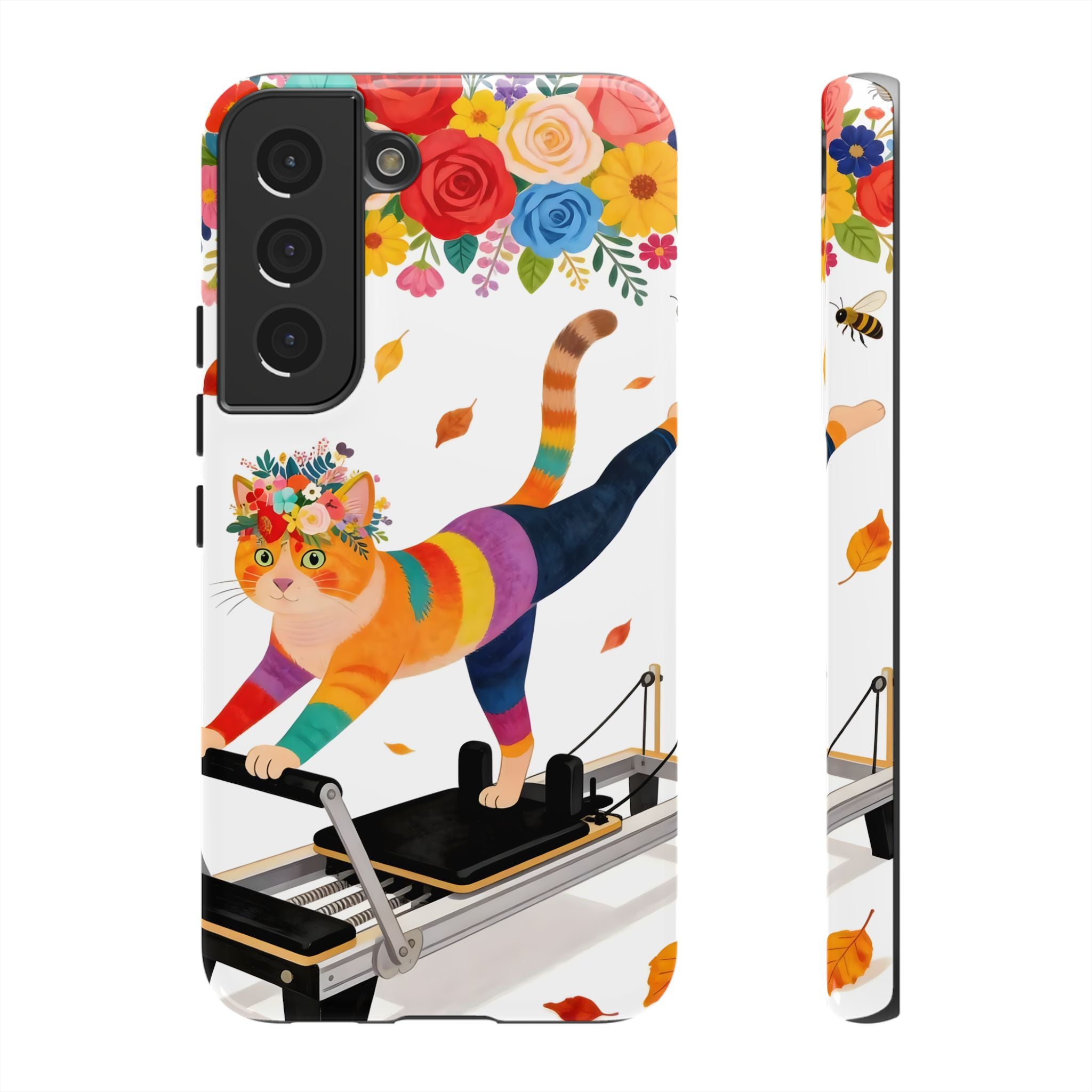 Cat Pilates Samsung Galaxy Phone Case | Floral Rainbow Cat on Reformer