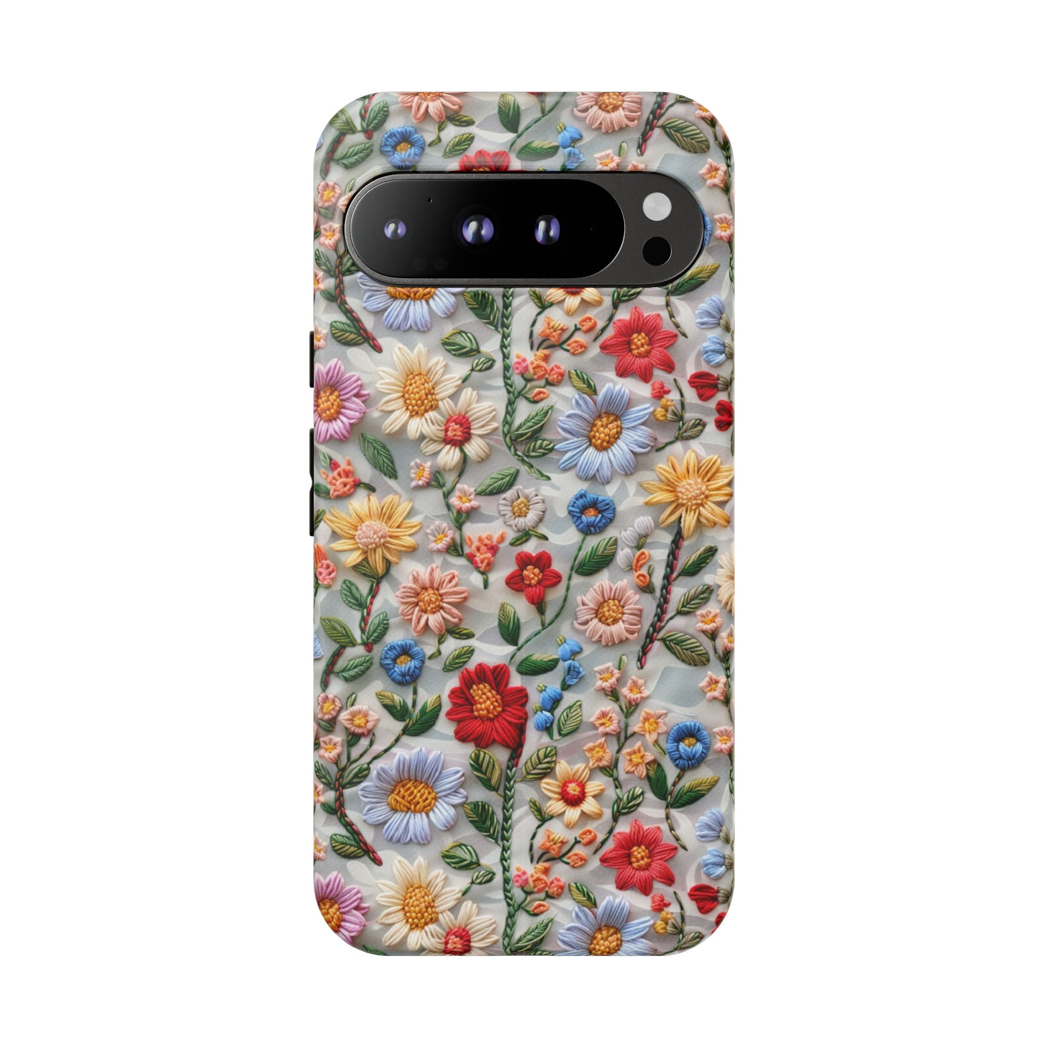 Floral Embroidered Pattern Tough Google Pixel Case — Colourful Daisy & Wildflower Design