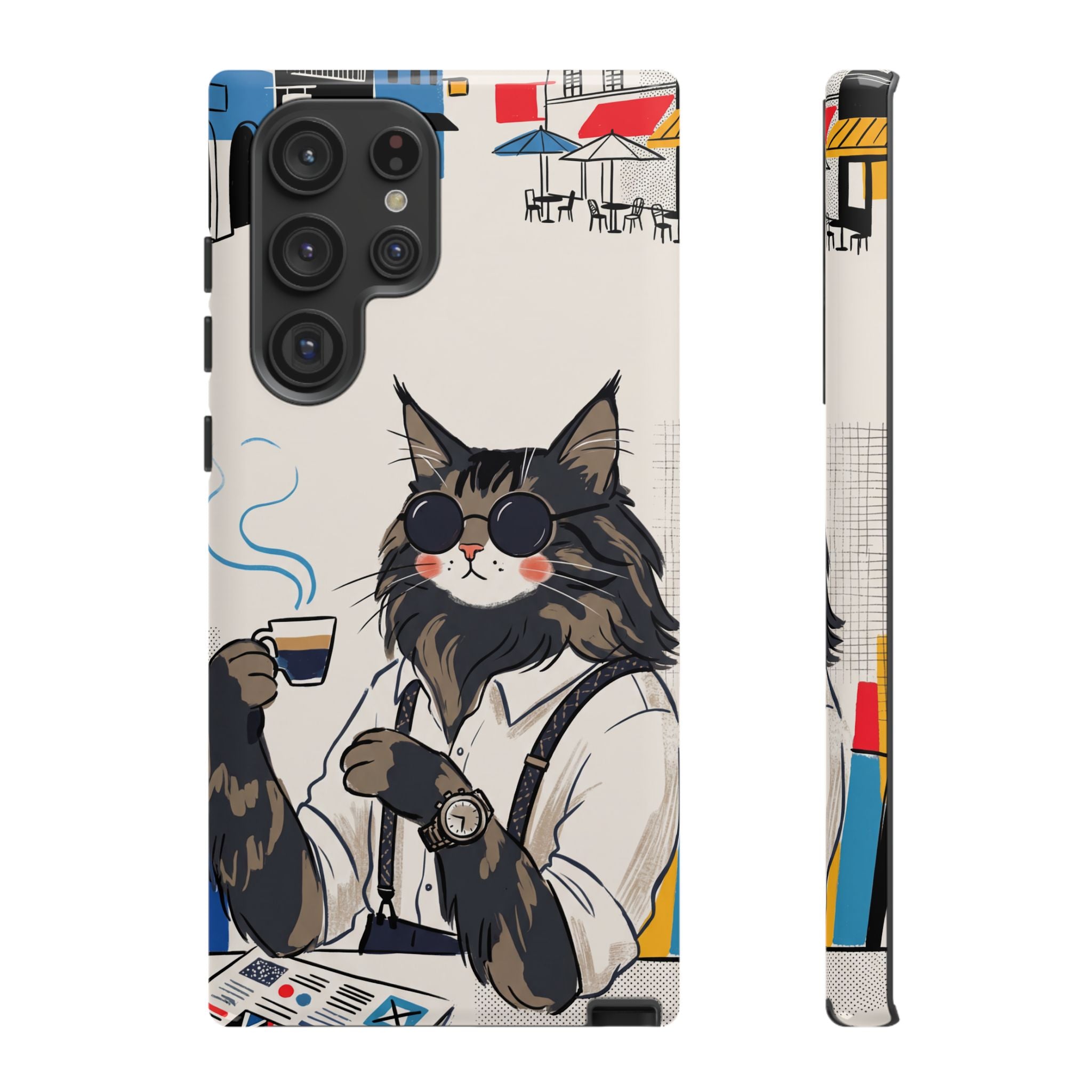 Cat Barista Samsung Galaxy Phone Case | Cool Cat in Sunglasses Coffee Shop Design