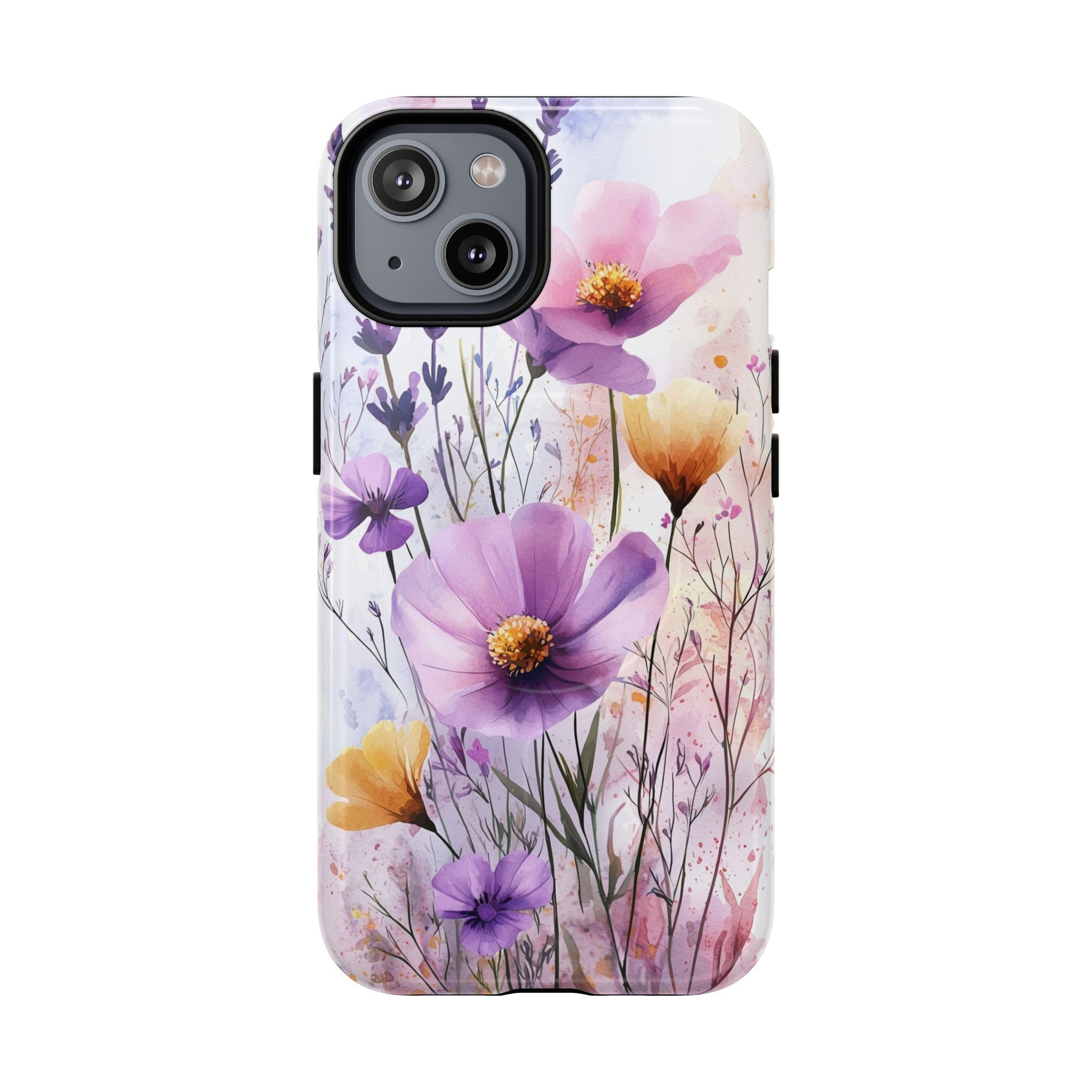 Custodia MagSafe resistente per iPhone con motivo acquerello floreale | Fiori di campo viola e gialli