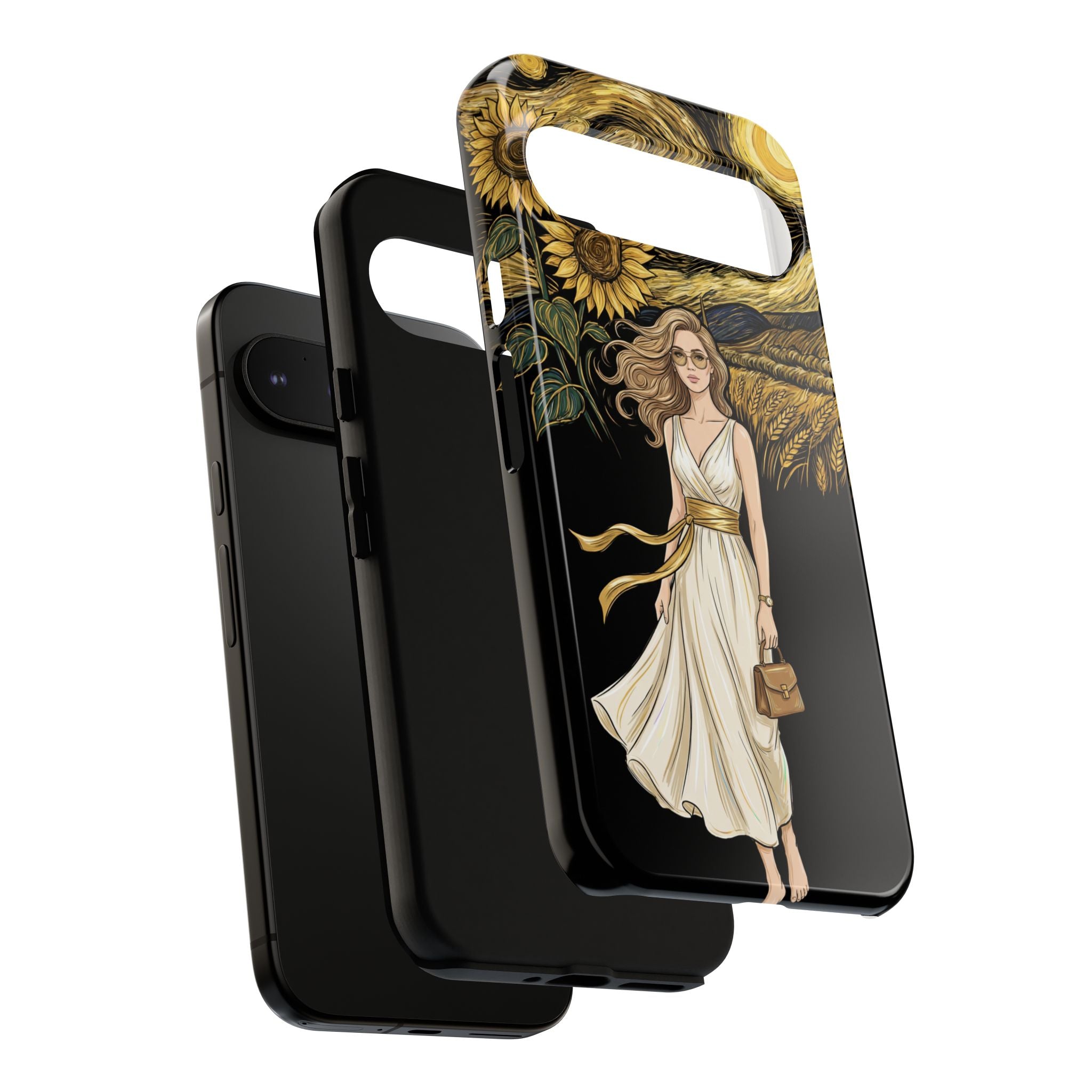 Sunflower Night Google Pixel Phone Case | Woman in Flowing Dress Van Gogh Style