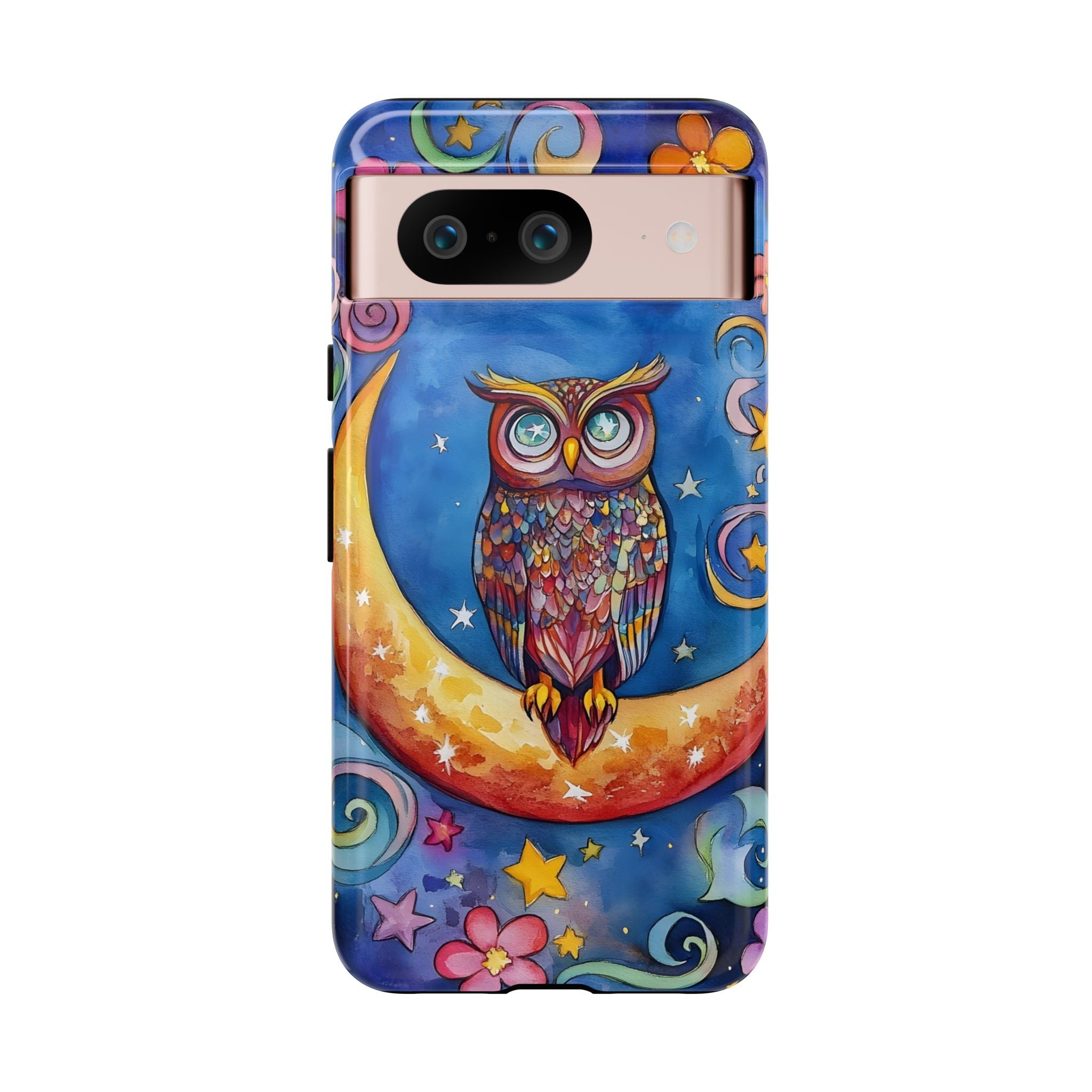 Owl on Crescent Moon Google Pixel Case — Colourful Whimsical Night Sky Design