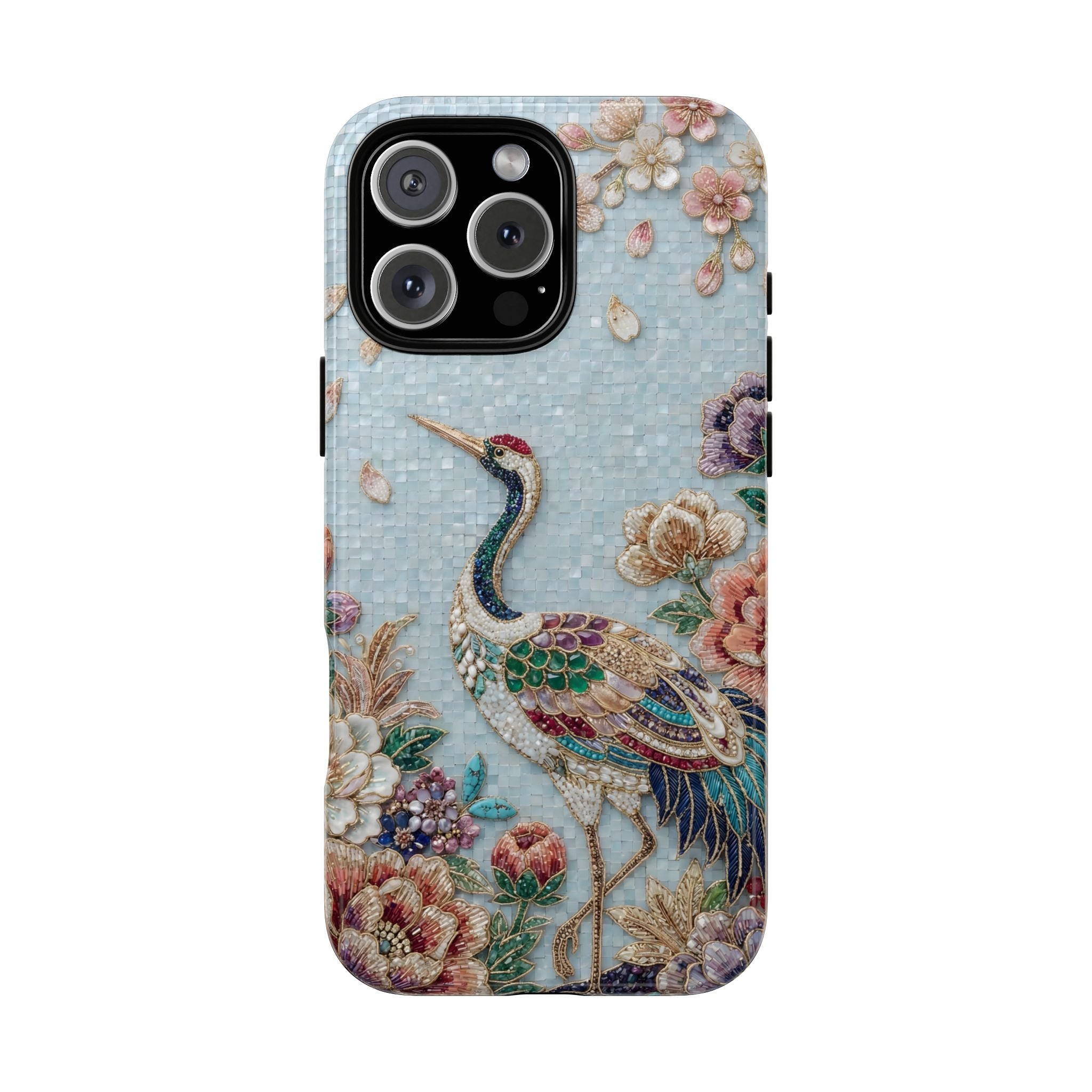 Floral Crane Tough iPhone Case | Vintage Embroidered Bird Protection