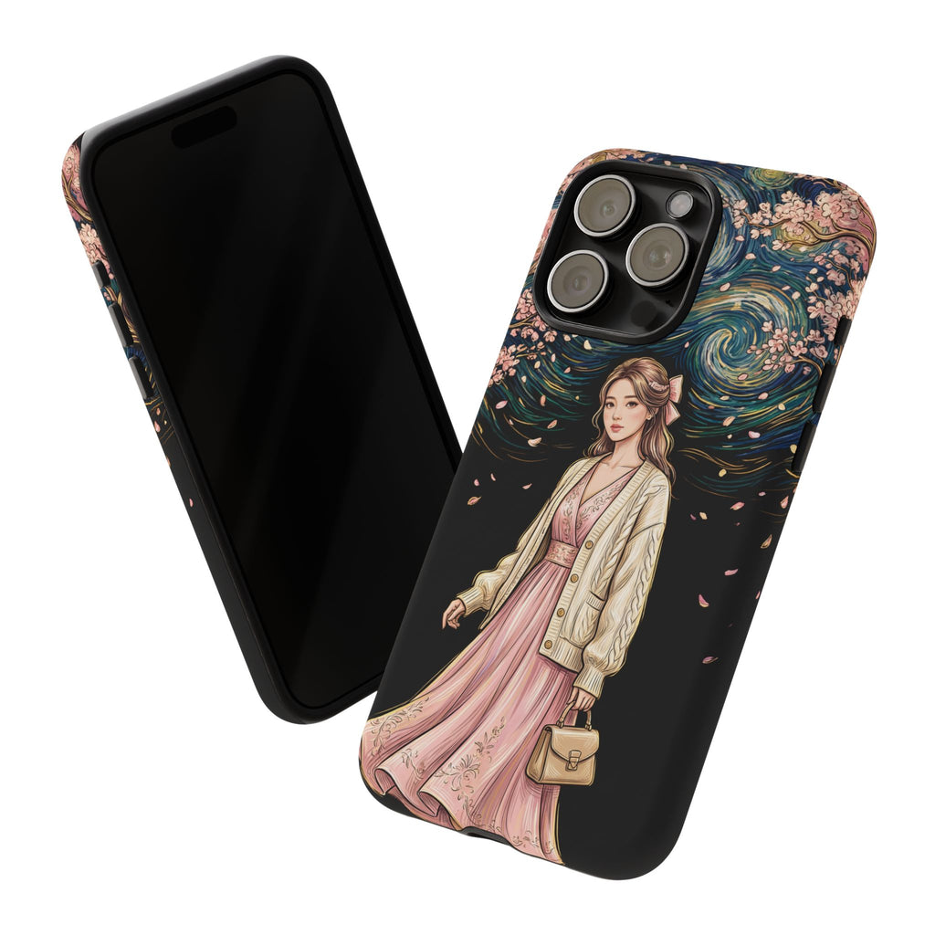 Floral Starry Night iPhone Case | Elegant Girl in Pink Dress